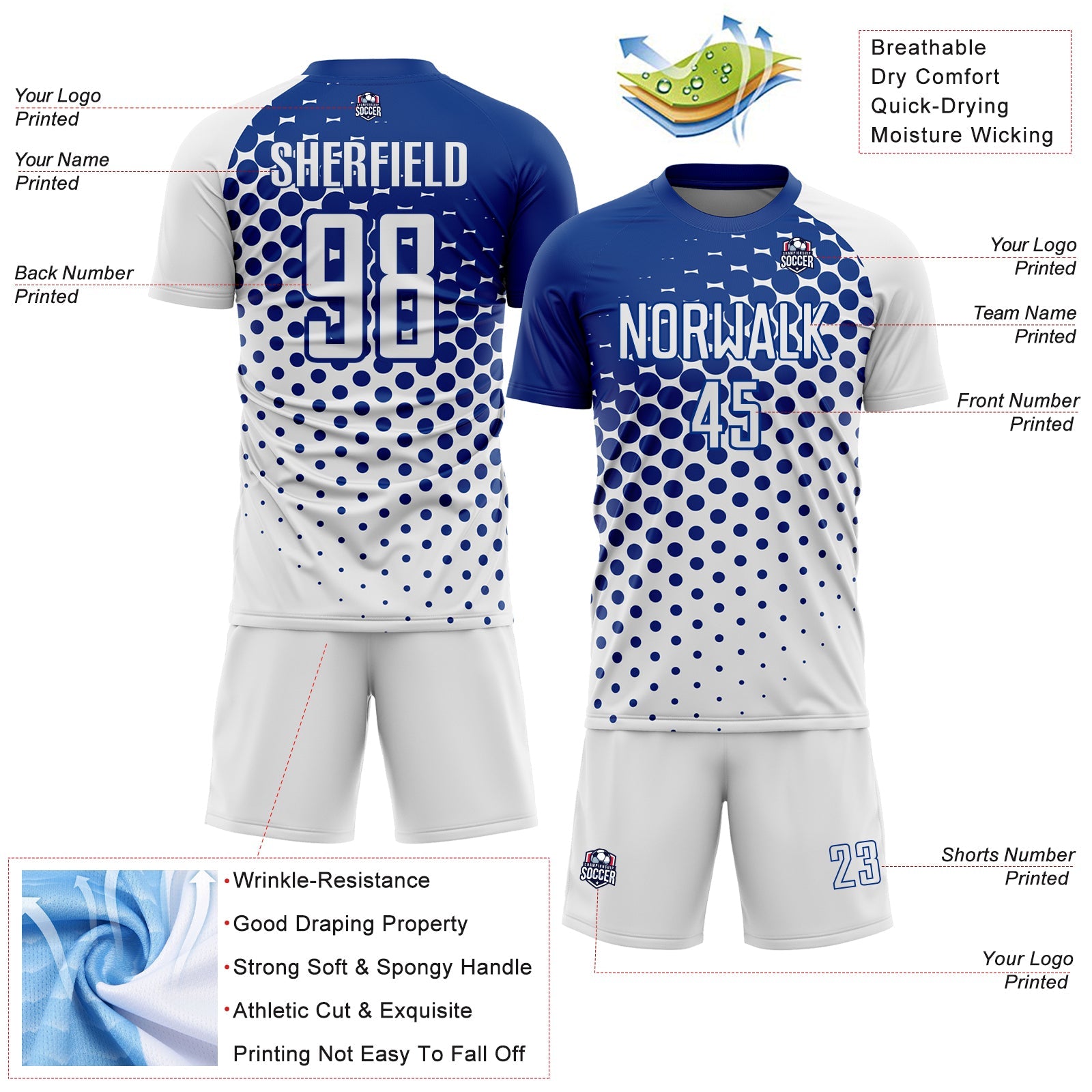 Custom White Royal Modern Polka Dot Sublimation Soccer Uniform Jersey - Sky-Custom