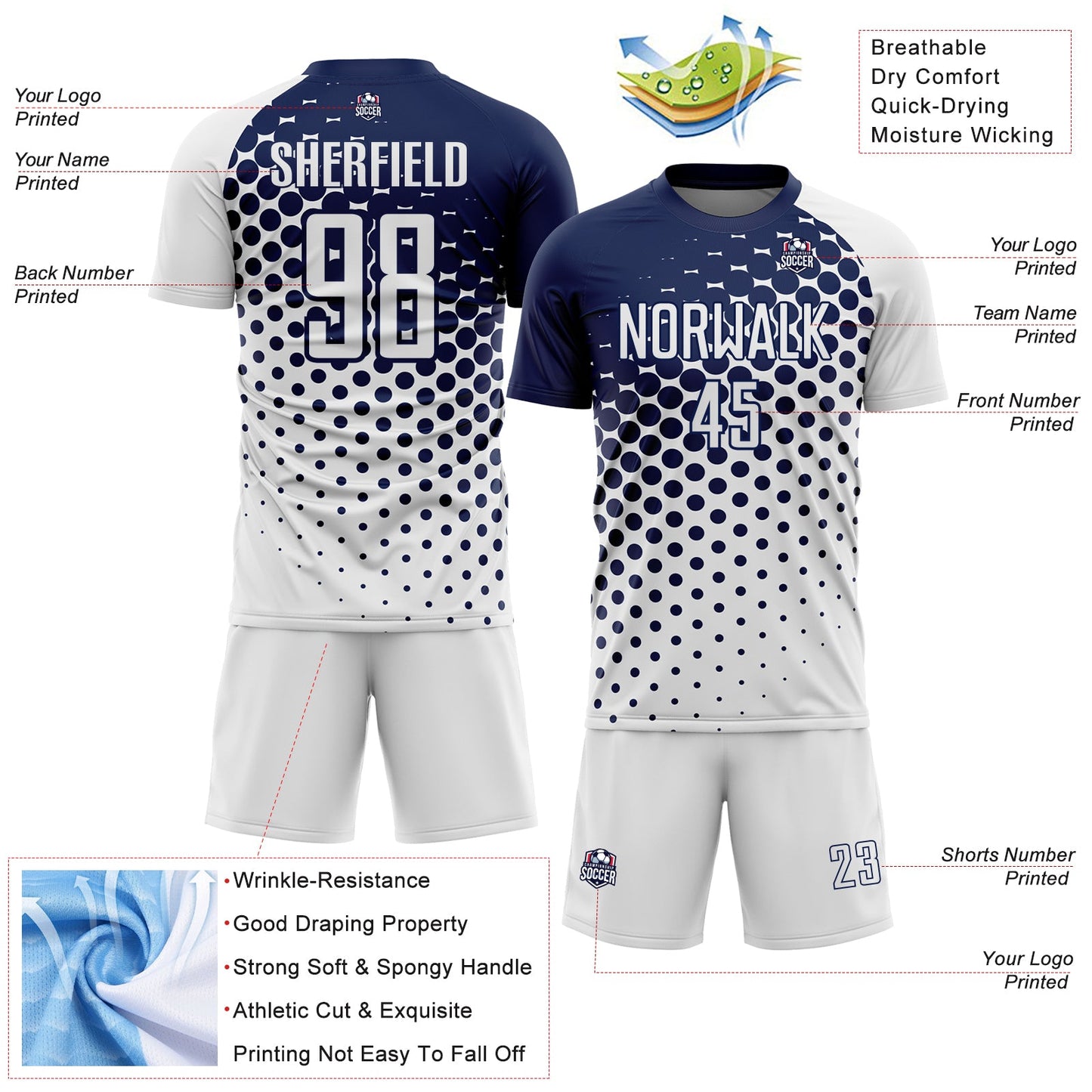 Custom White Navy Modern Polka Dot Sublimation Soccer Uniform Jersey - Sky-Custom