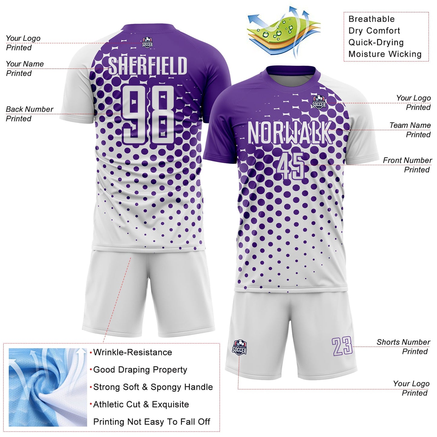 Custom White Purple Modern Polka Dot Sublimation Soccer Uniform Jersey - Sky-Custom