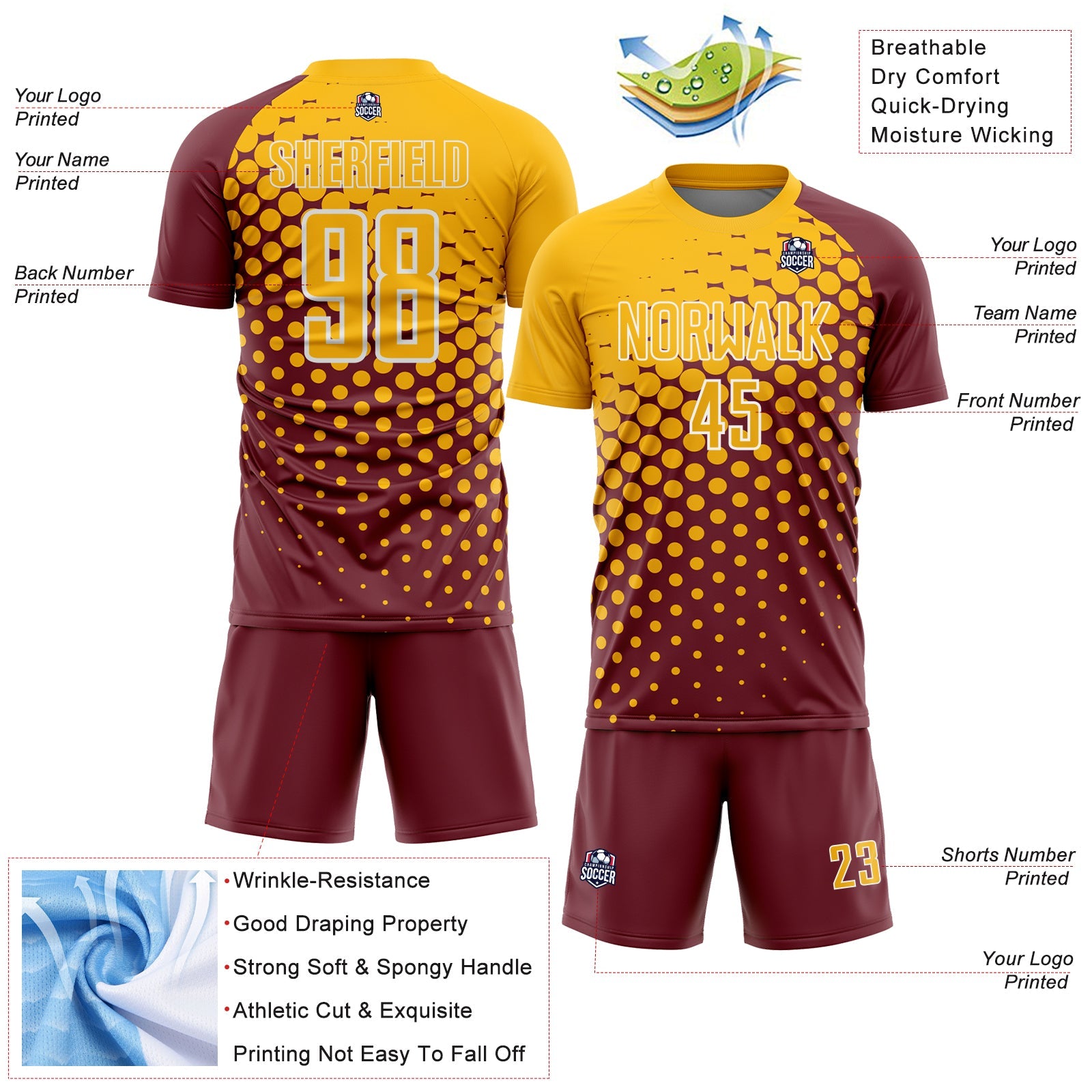 Custom Burgundy Gold-White Modern Polka Dot Sublimation Soccer Uniform Jersey - Sky-Custom