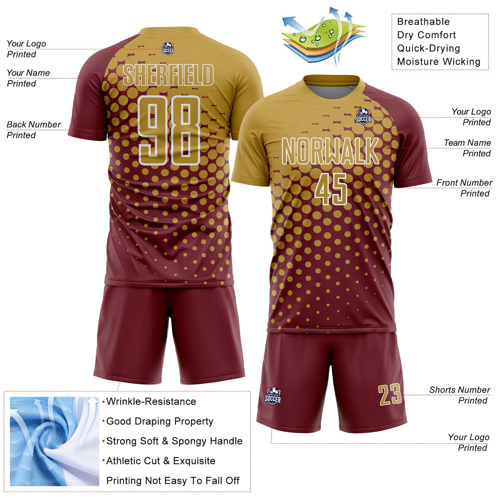 Custom Burgundy Old Gold-White Modern Polka Dot Sublimation Soccer Uniform Jersey - Sky-Custom