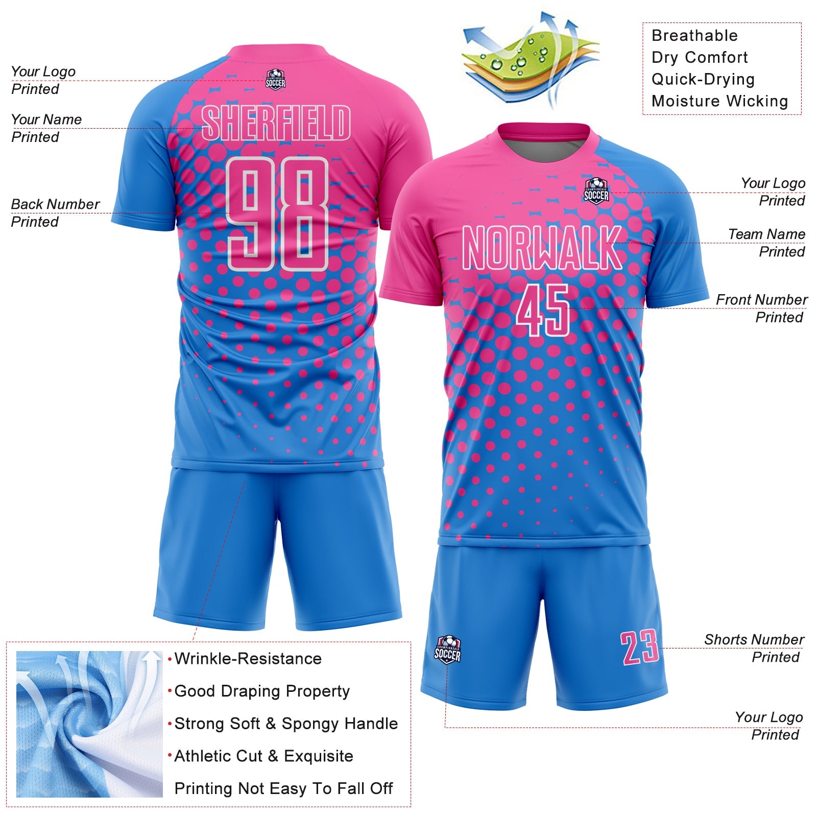 Custom Powder Blue Pink-White Modern Polka Dot Sublimation Soccer Uniform Jersey - Sky-Custom