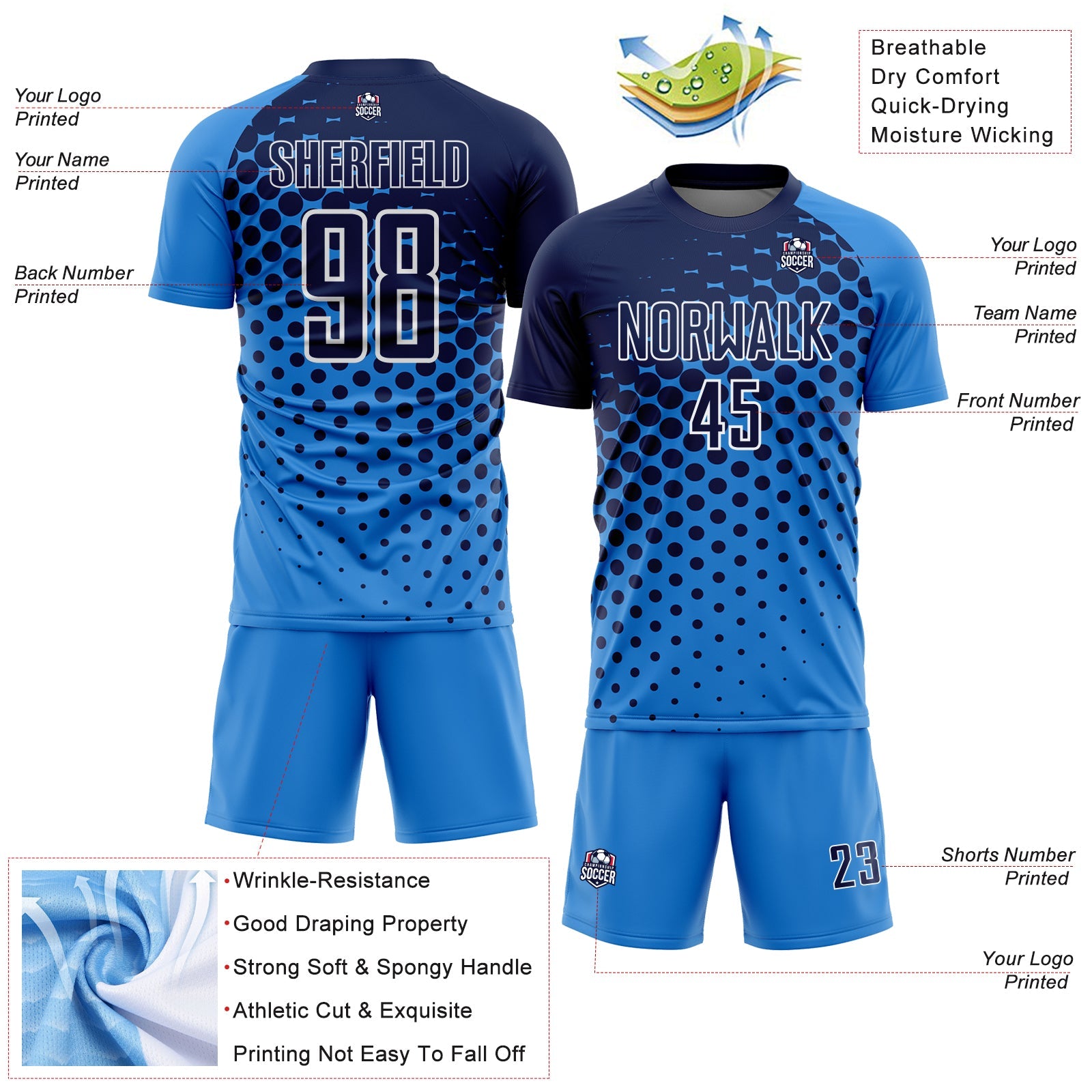Custom Powder Blue Navy-White Modern Polka Dot Sublimation Soccer Uniform Jersey - Sky-Custom