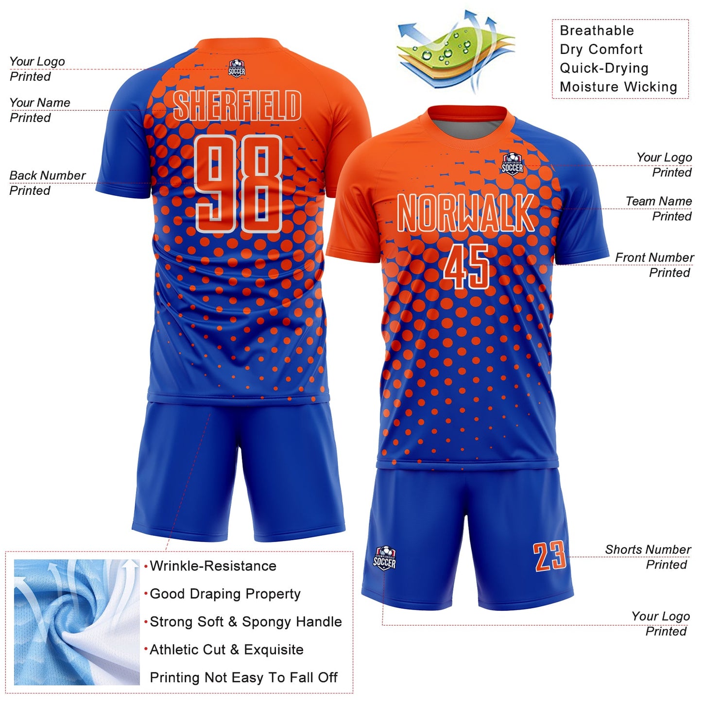 Custom Thunder Blue Orange-White Modern Polka Dot Sublimation Soccer Uniform Jersey - Sky-Custom