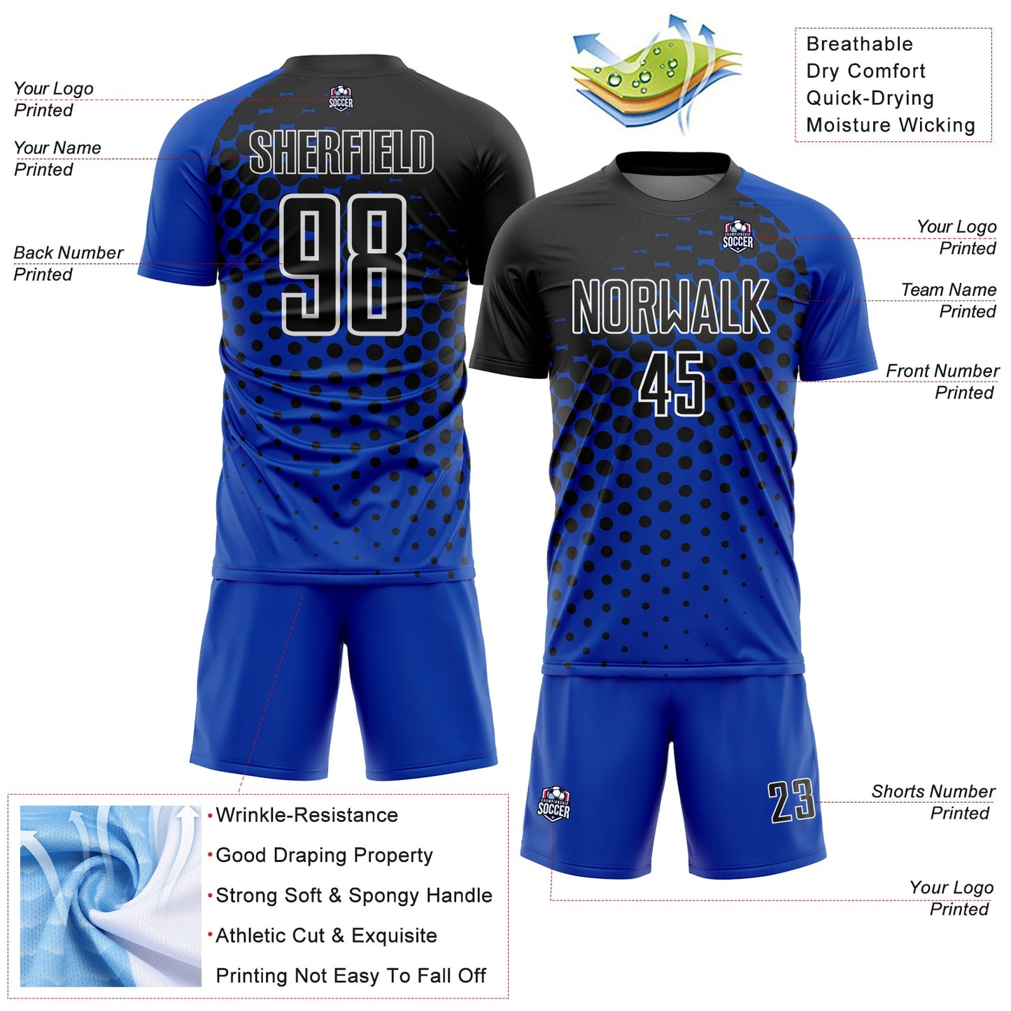 Custom Thunder Blue Black-White Modern Polka Dot Sublimation Soccer Uniform Jersey - Sky-Custom
