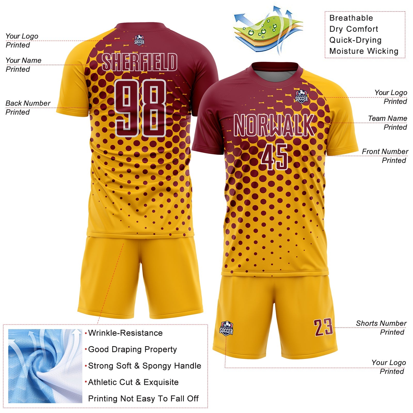 Custom Gold Crimson-White Modern Polka Dot Sublimation Soccer Uniform Jersey - Sky-Custom