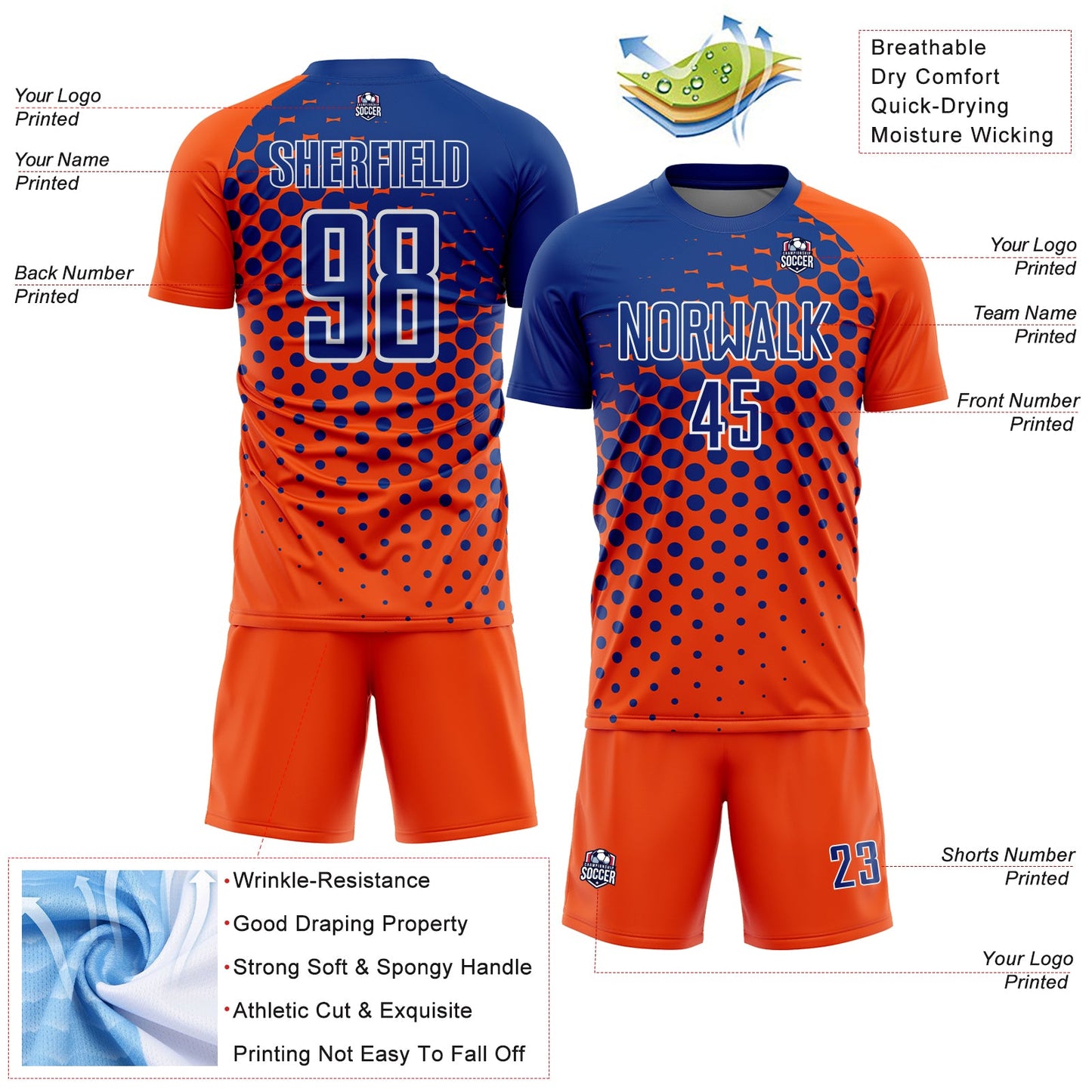 Custom Orange Royal-White Modern Polka Dot Sublimation Soccer Uniform Jersey - Sky-Custom