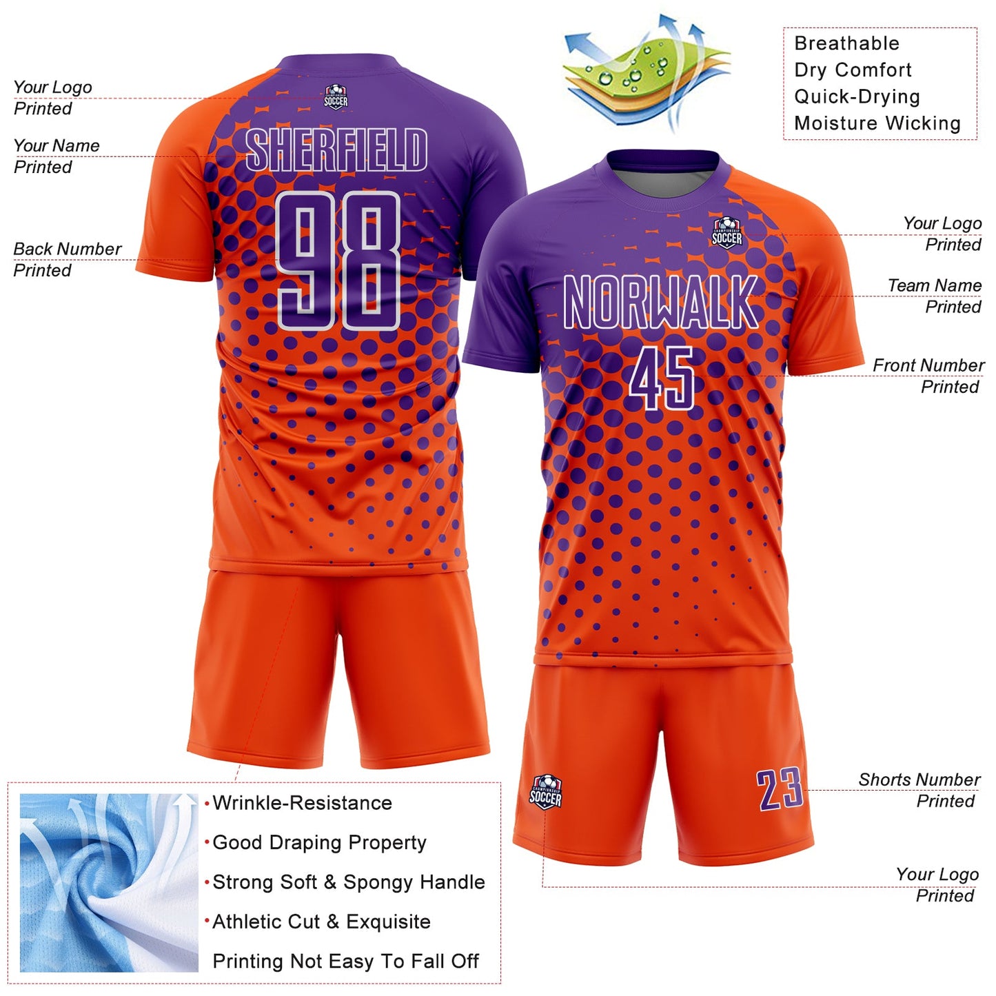 Custom Orange Purple-White Modern Polka Dot Sublimation Soccer Uniform Jersey - Sky-Custom