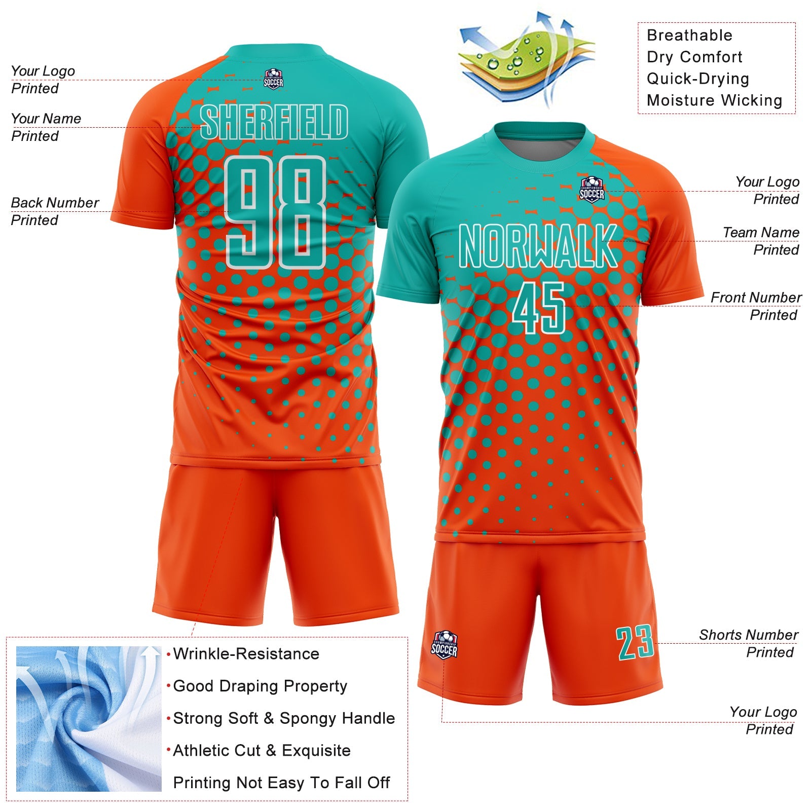 Custom Orange Aqua-White Modern Polka Dot Sublimation Soccer Uniform Jersey - Sky-Custom