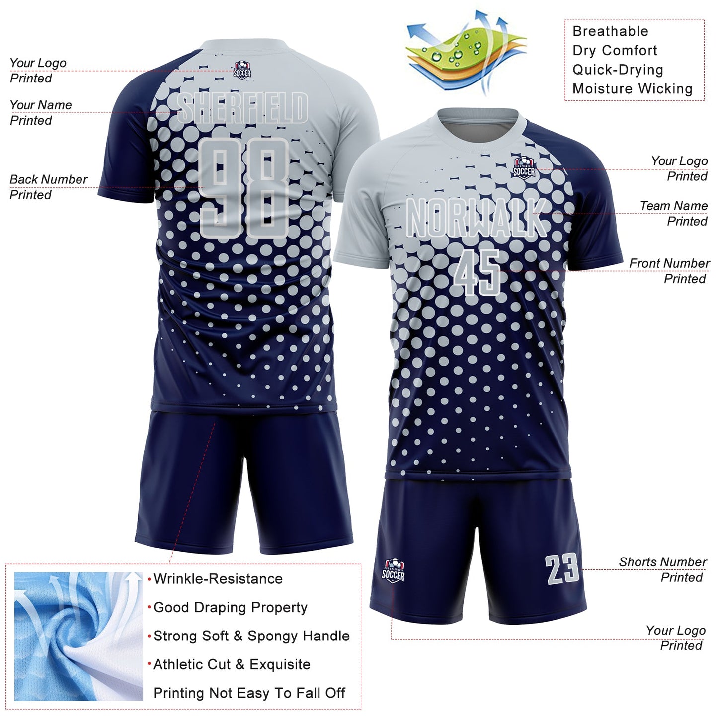 Custom Navy Silver-White Modern Polka Dot Sublimation Soccer Uniform Jersey - Sky-Custom
