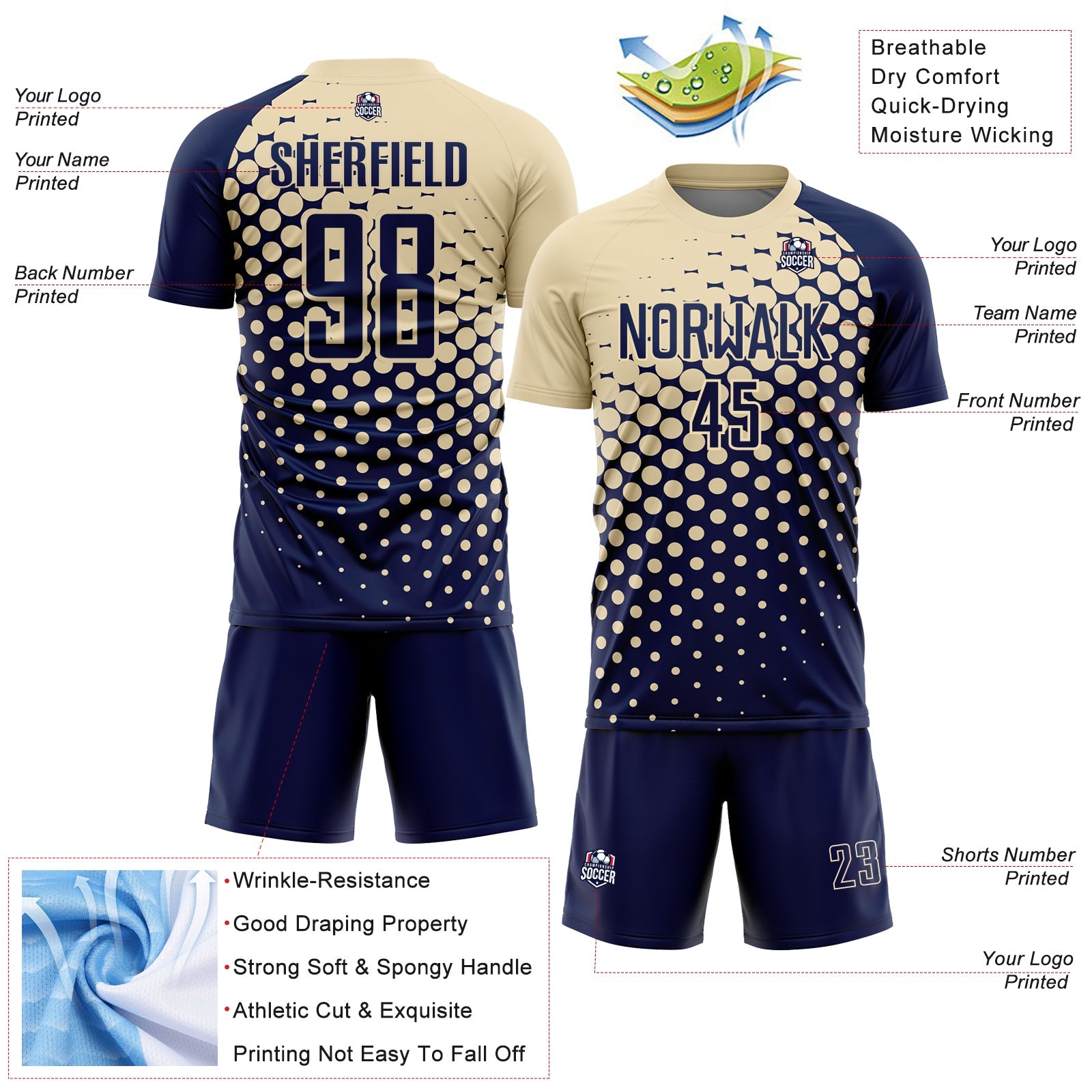 Custom Navy Cream Modern Polka Dot Sublimation Soccer Uniform Jersey - Sky-Custom