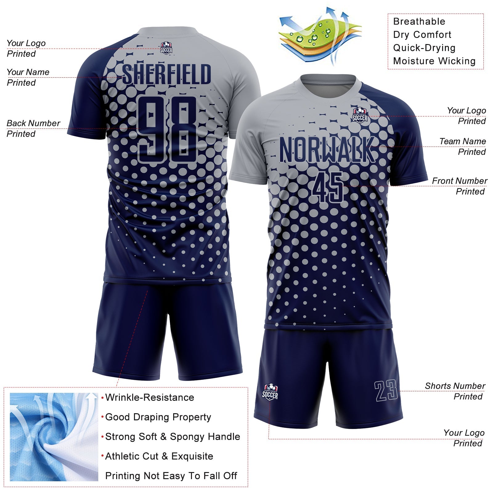 Custom Navy Gray Modern Polka Dot Sublimation Soccer Uniform Jersey - Sky-Custom