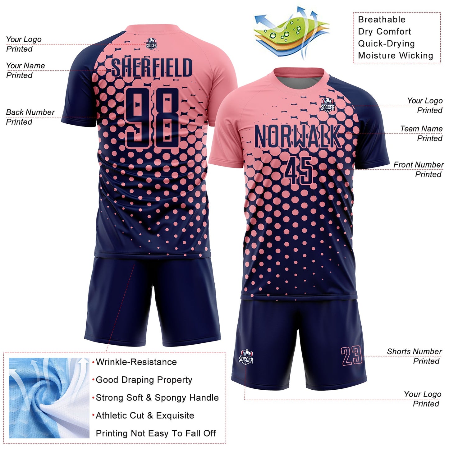 Custom Navy Medium Pink Modern Polka Dot Sublimation Soccer Uniform Jersey - Sky-Custom