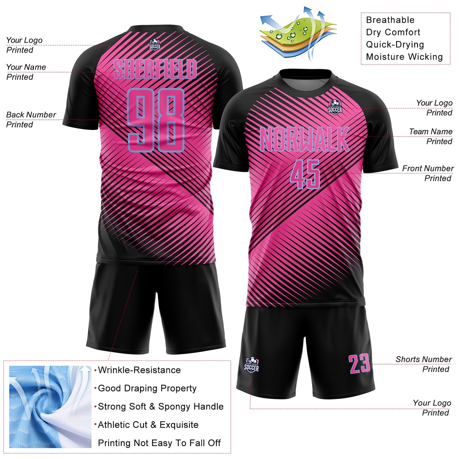 Custom Black Pink-Light Blue Line Sublimation Soccer Uniform Jersey - Sky-Custom