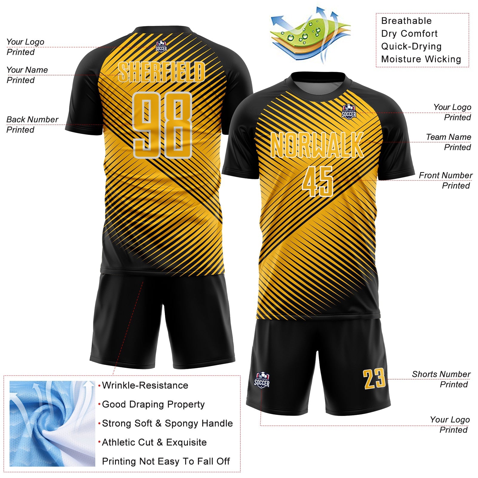 Custom Black Gold-White Line Sublimation Soccer Uniform Jersey - Sky-Custom