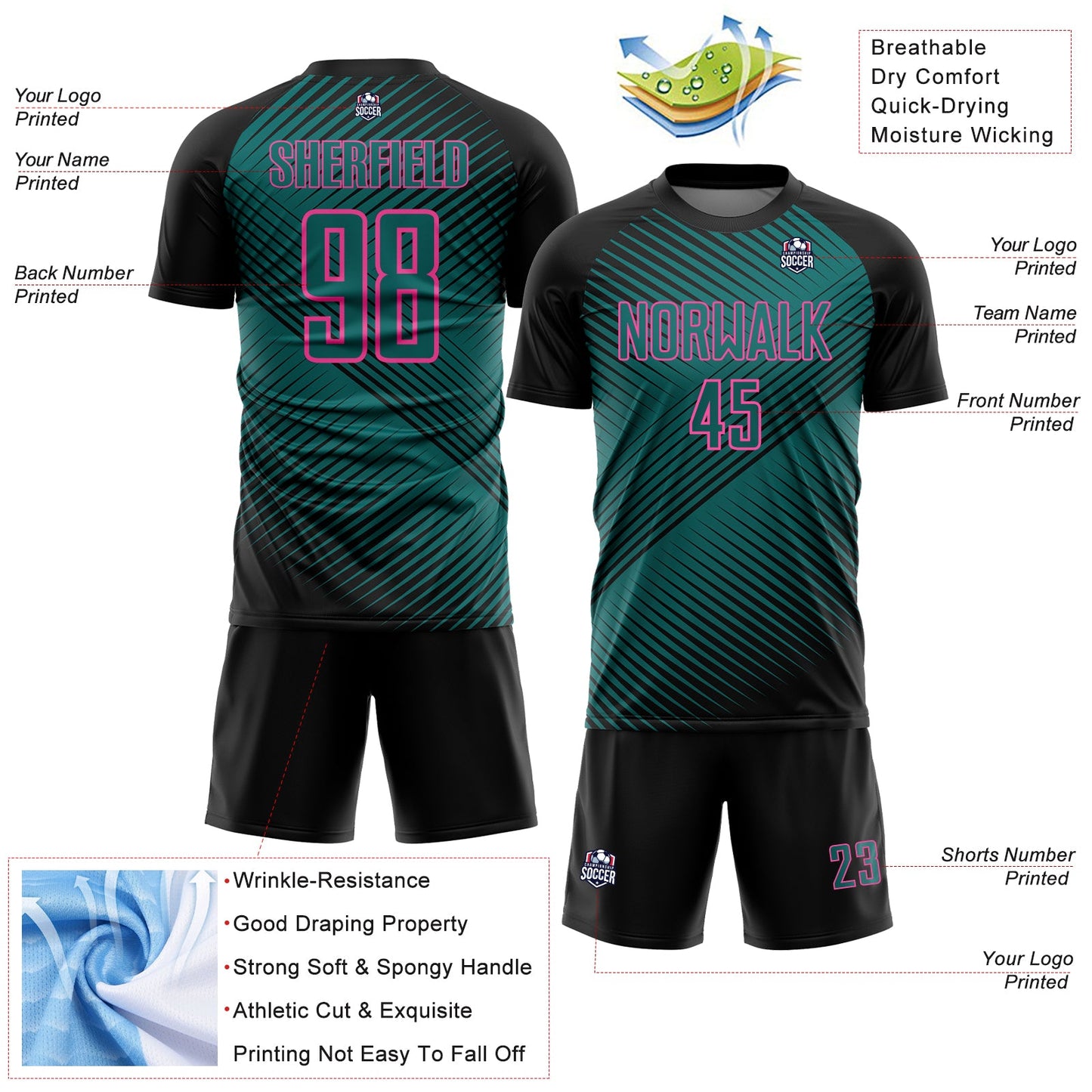 Custom Black Teal-Pink Line Sublimation Soccer Uniform Jersey - Sky-Custom