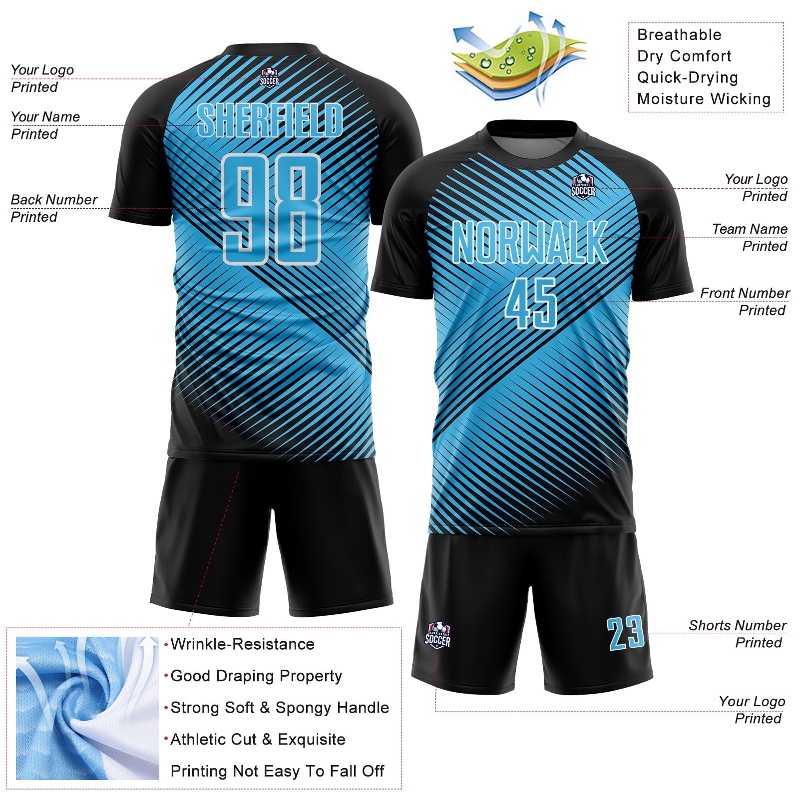 Custom Black Sky Blue-White Line Sublimation Soccer Uniform Jersey - Sky-Custom