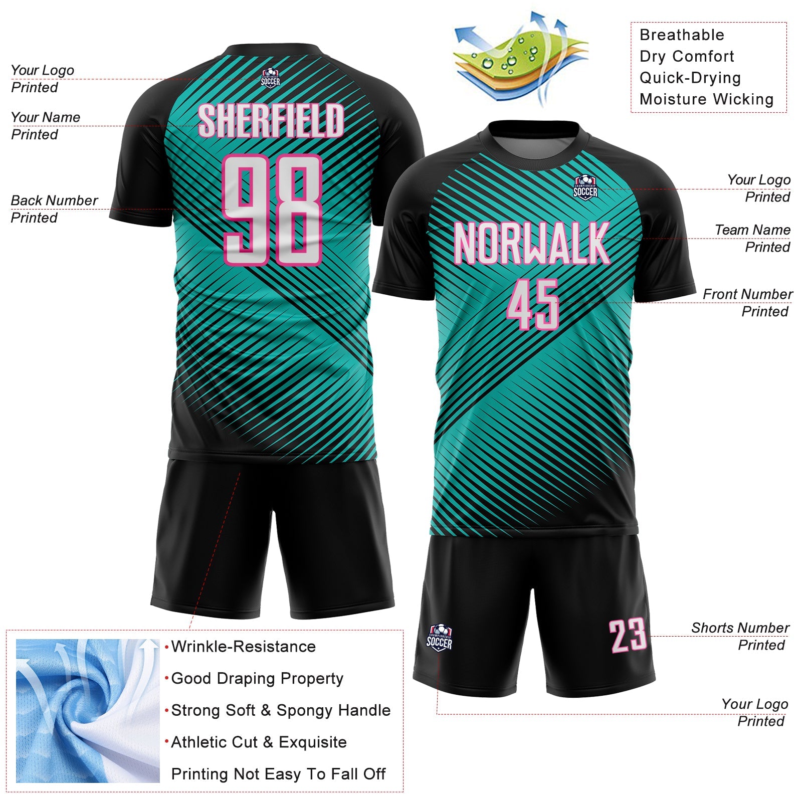 Custom Black White Aqua-Pink Line Sublimation Soccer Uniform Jersey - Sky-Custom