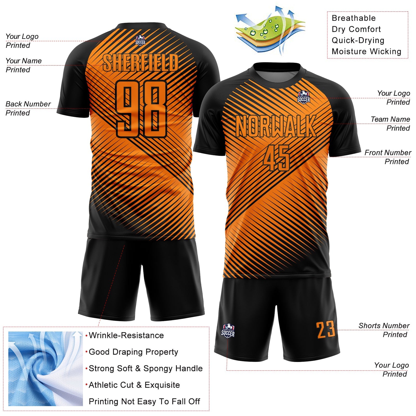 Custom Black Bay Orange Line Sublimation Soccer Uniform Jersey - Sky-Custom