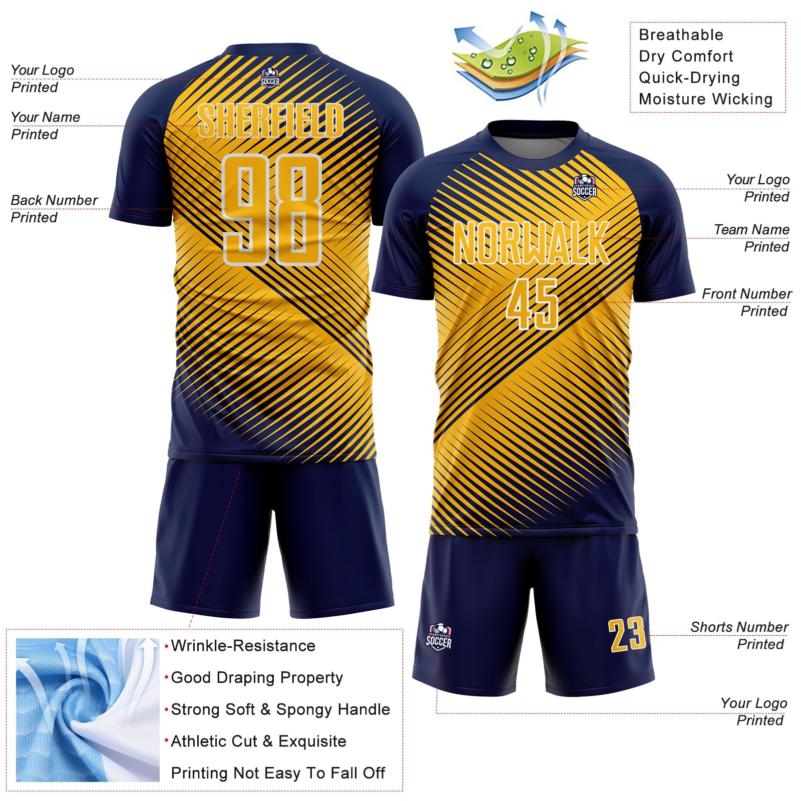 Custom Navy Gold-White Line Sublimation Soccer Uniform Jersey - Sky-Custom