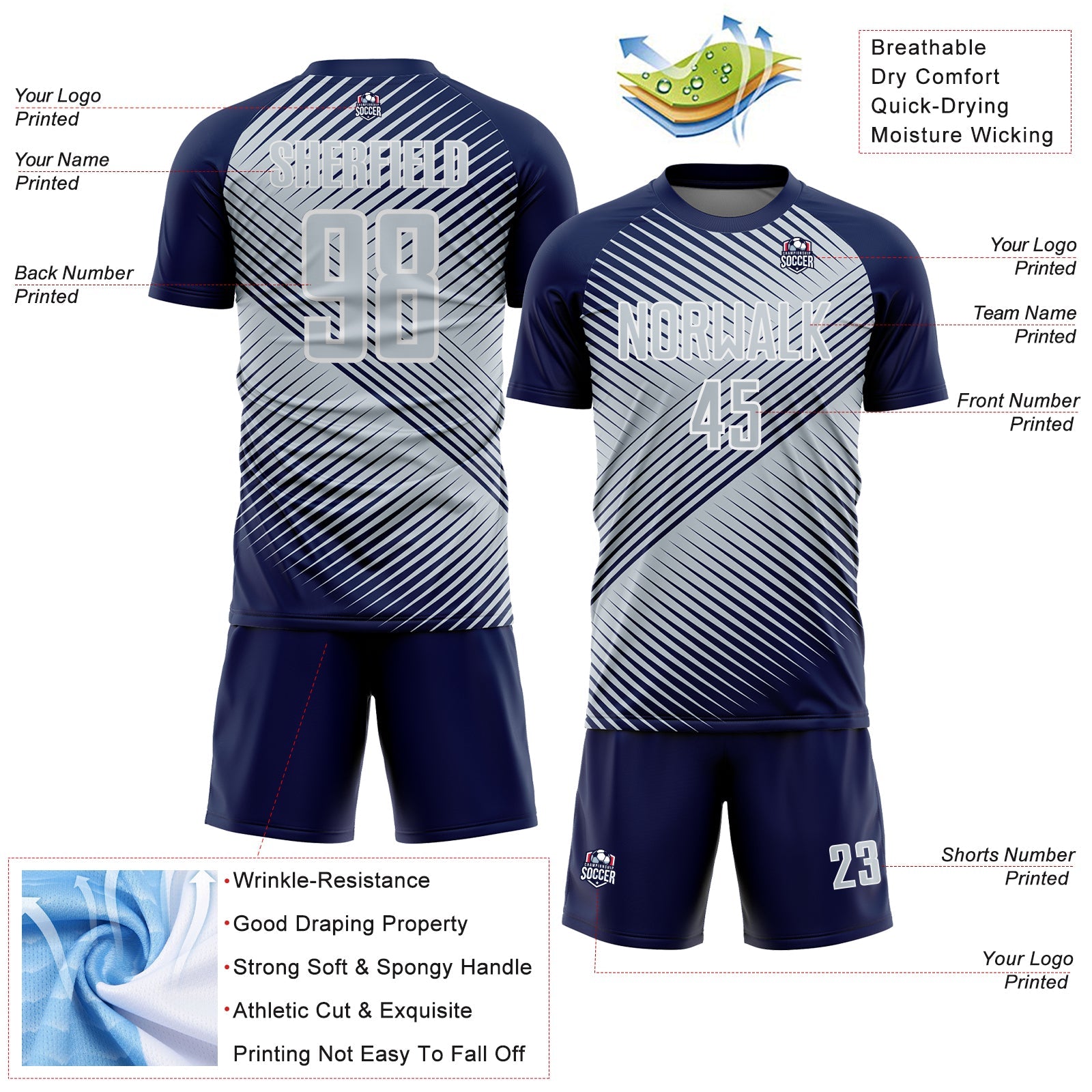 Custom Navy Silver-White Line Sublimation Soccer Uniform Jersey - Sky-Custom