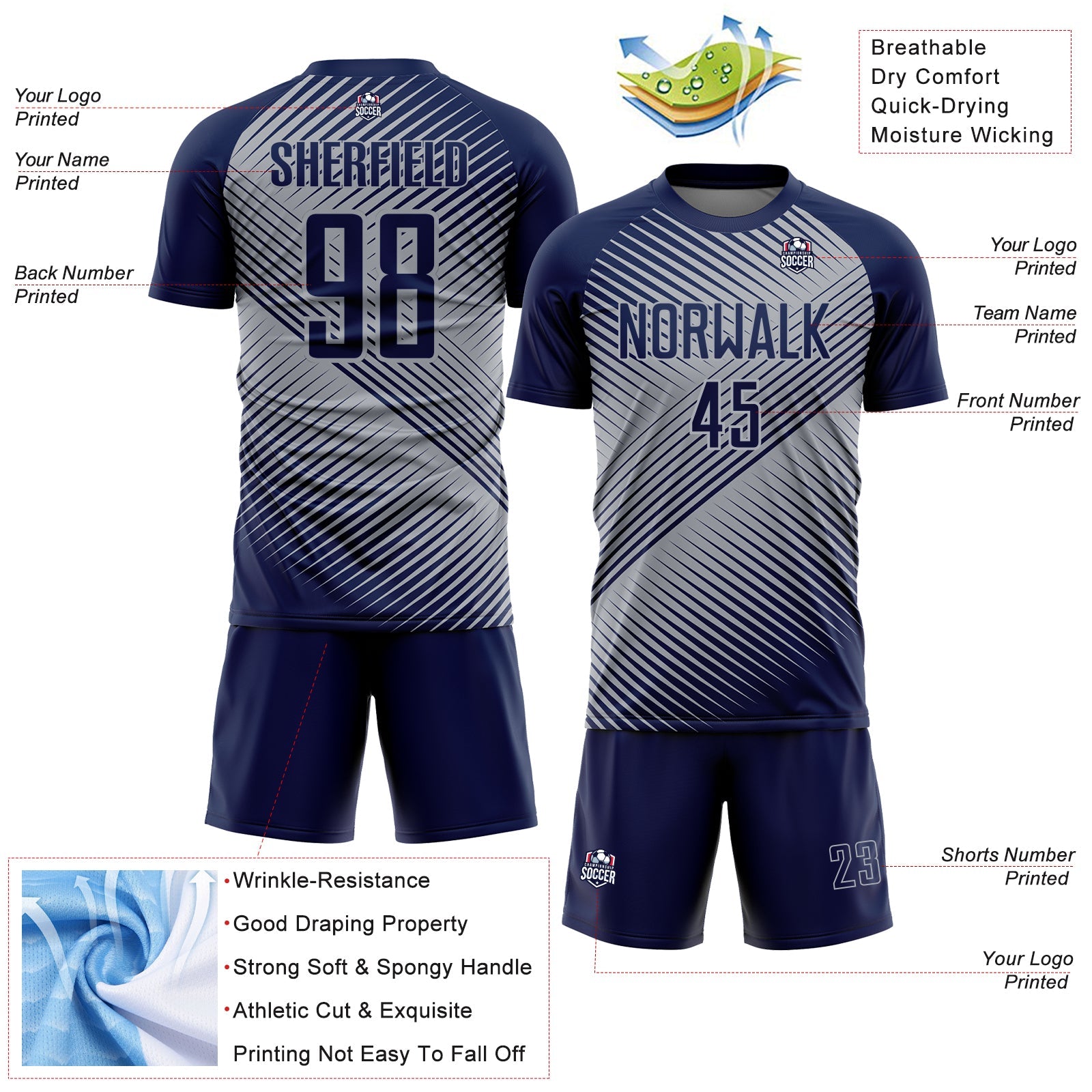 Custom Navy Gray Line Sublimation Soccer Uniform Jersey - Sky-Custom