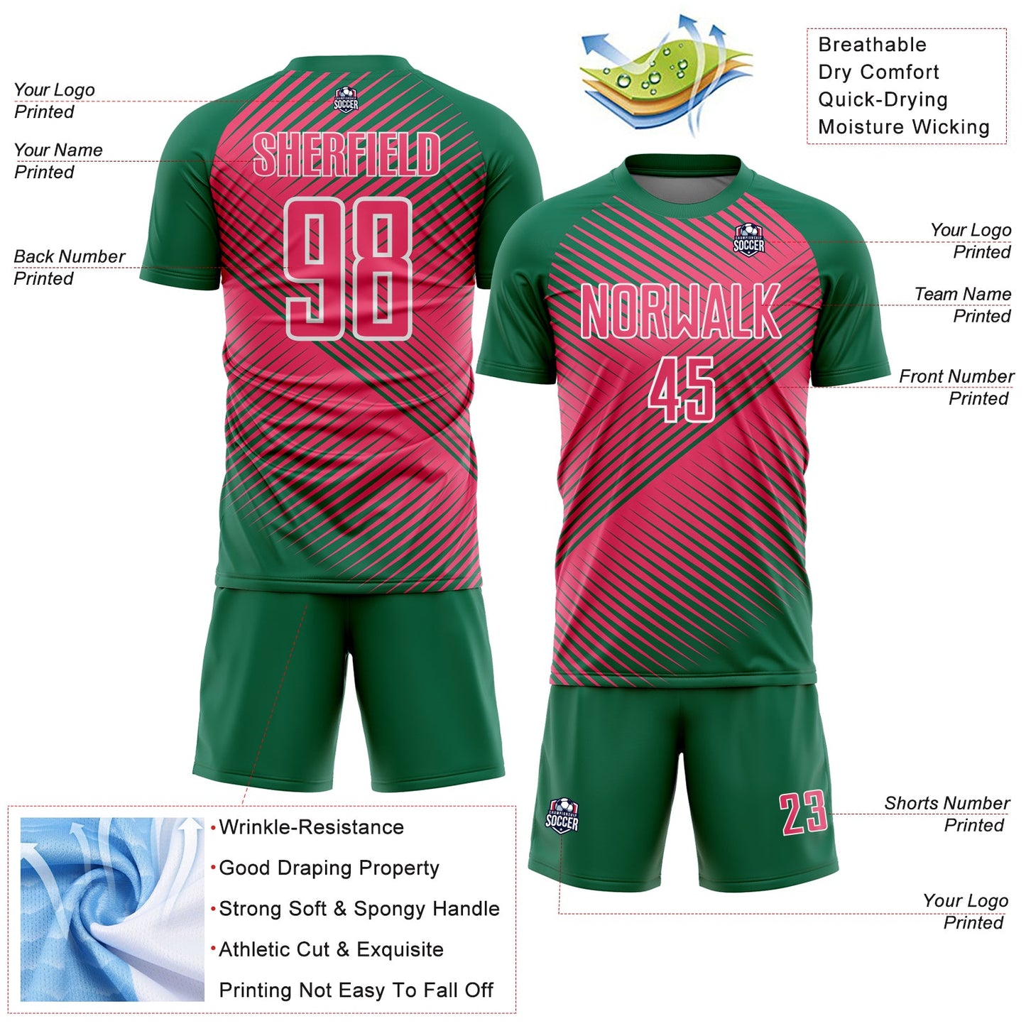 Custom Kelly Green Neon Pink-White Line Sublimation Soccer Uniform Jersey - Sky-Custom