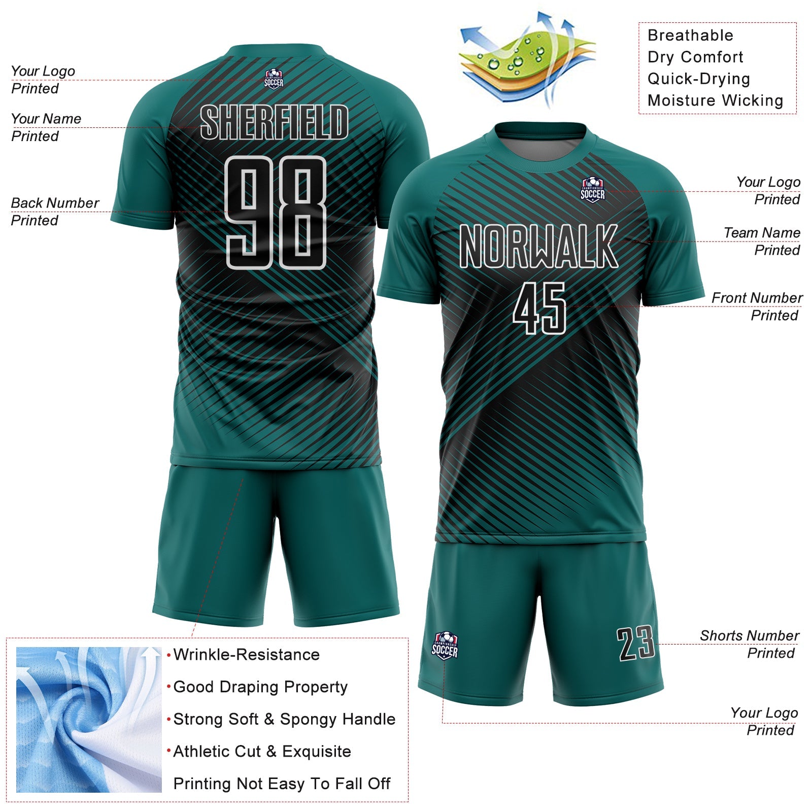 Custom Teal Black-White Line Sublimation Soccer Uniform Jersey - Sky-Custom