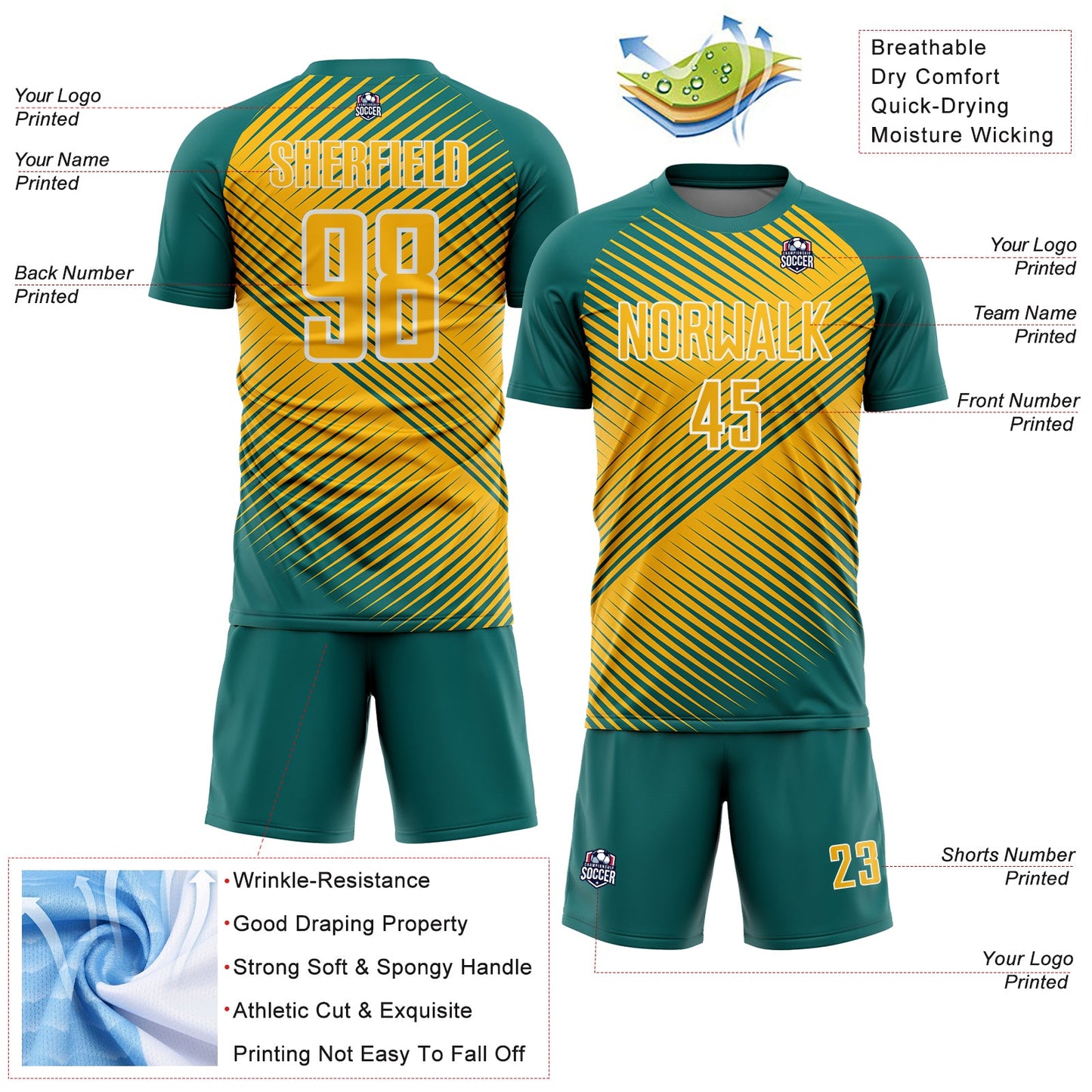 Custom Teal Gold-White Line Sublimation Soccer Uniform Jersey - Sky-Custom