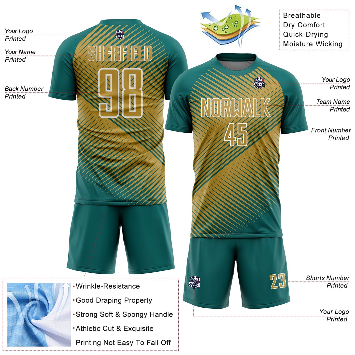 Custom Teal Old Gold-White Line Sublimation Soccer Uniform Jersey - Sky-Custom