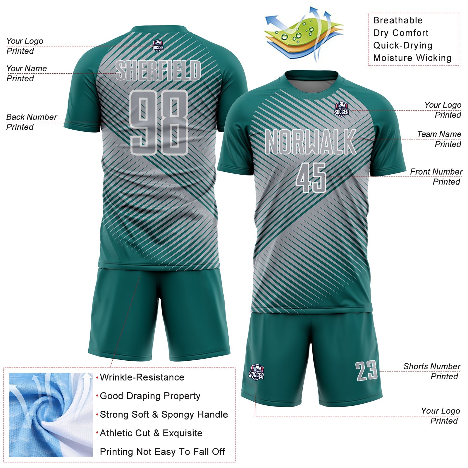 Custom Teal Gray-White Line Sublimation Soccer Uniform Jersey - Sky-Custom