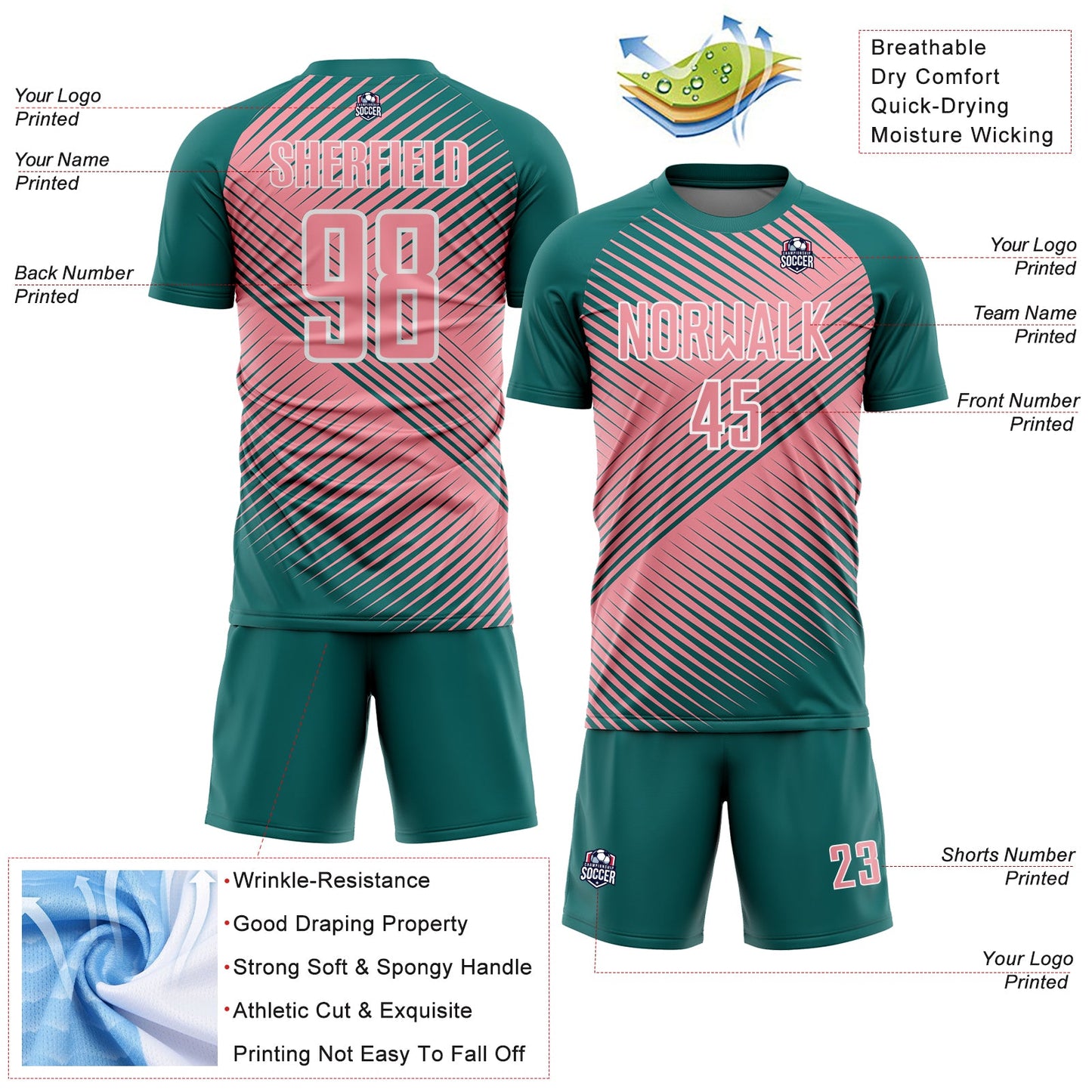 Custom Teal Medium Pink-White Line Sublimation Soccer Uniform Jersey - Sky-Custom