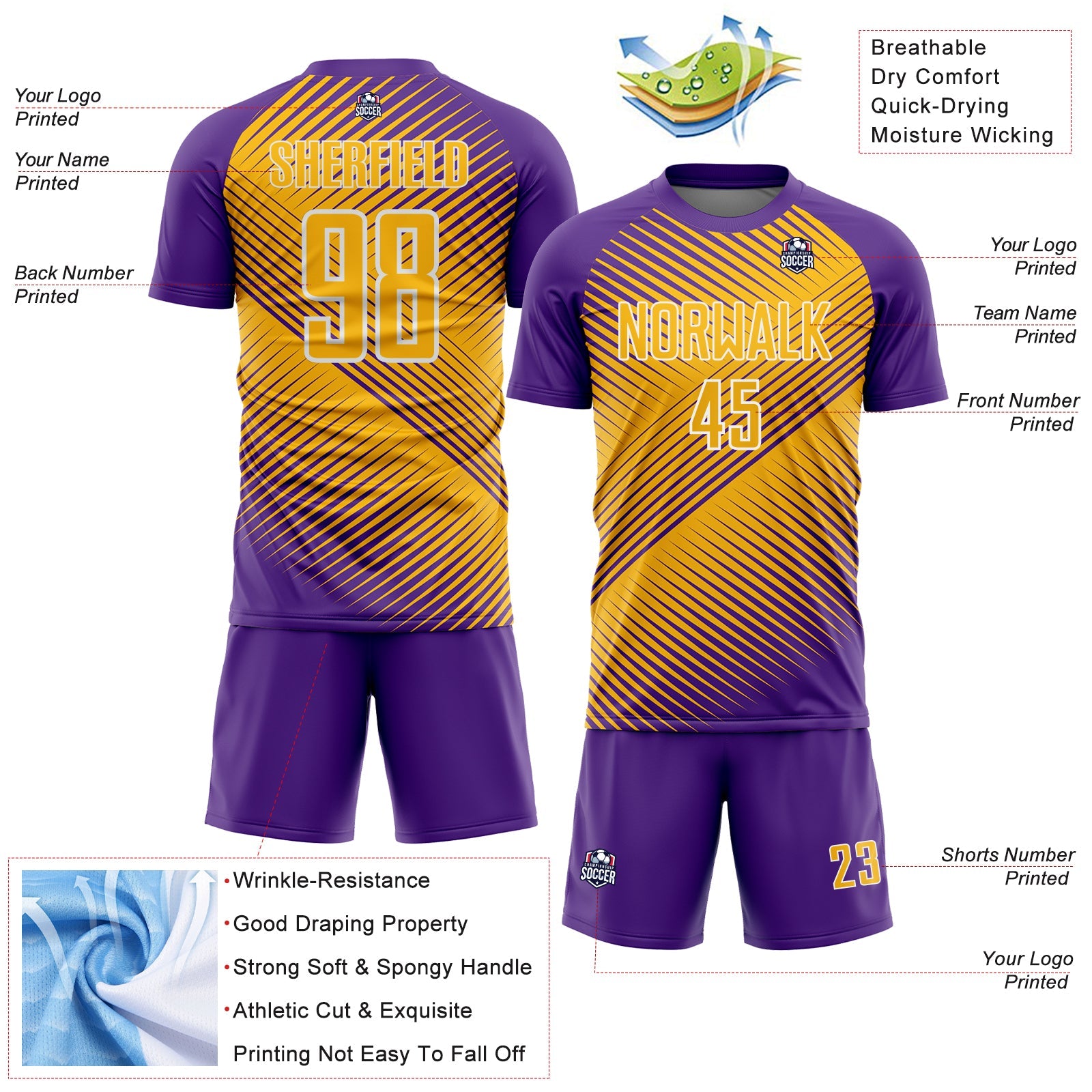 Custom Purple Gold-White Line Sublimation Soccer Uniform Jersey - Sky-Custom