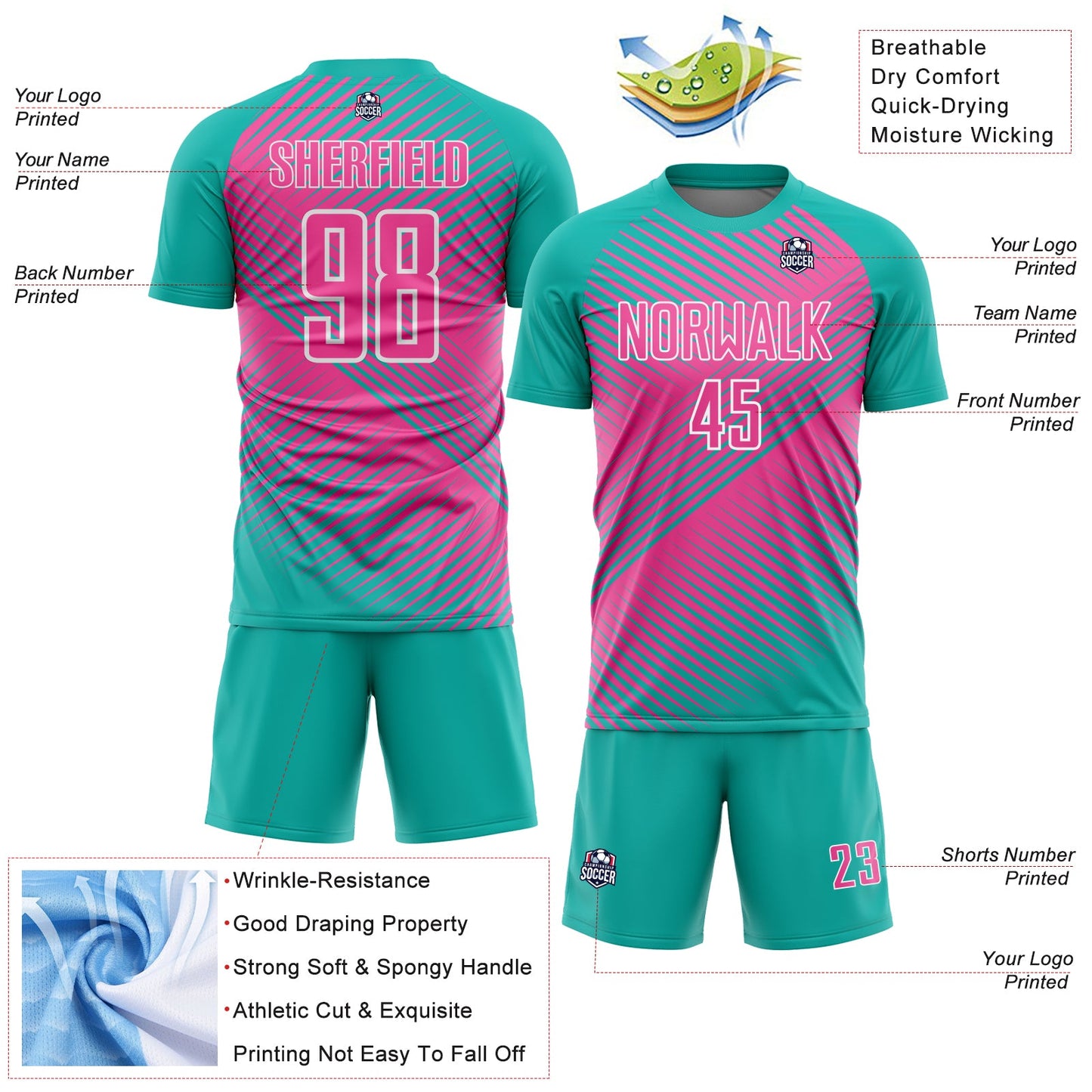 Custom Aqua Pink-White Line Sublimation Soccer Uniform Jersey - Sky-Custom