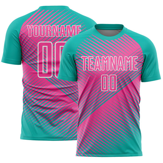 Custom Aqua Pink-White Line Sublimation Soccer Uniform Jersey - Sky-Custom