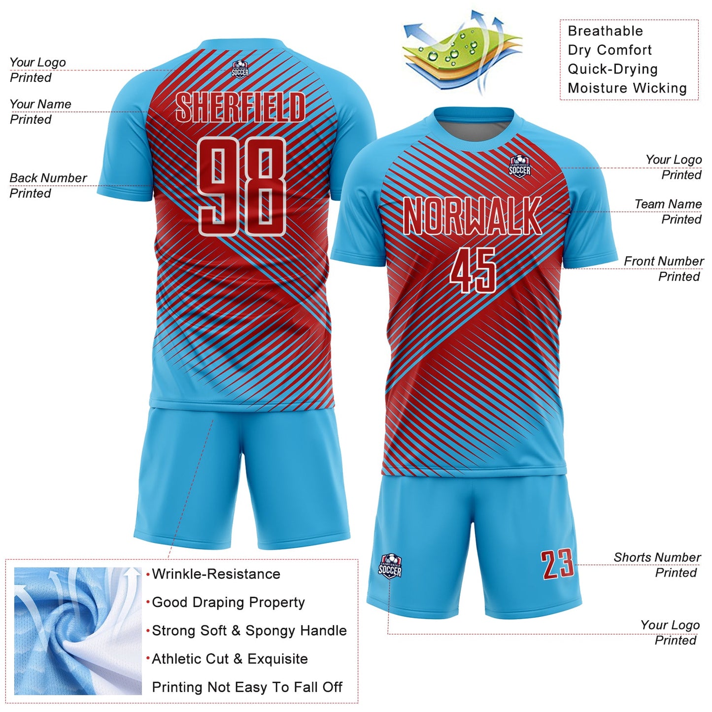 Custom Sky Blue Red-White Line Sublimation Soccer Uniform Jersey - Sky-Custom