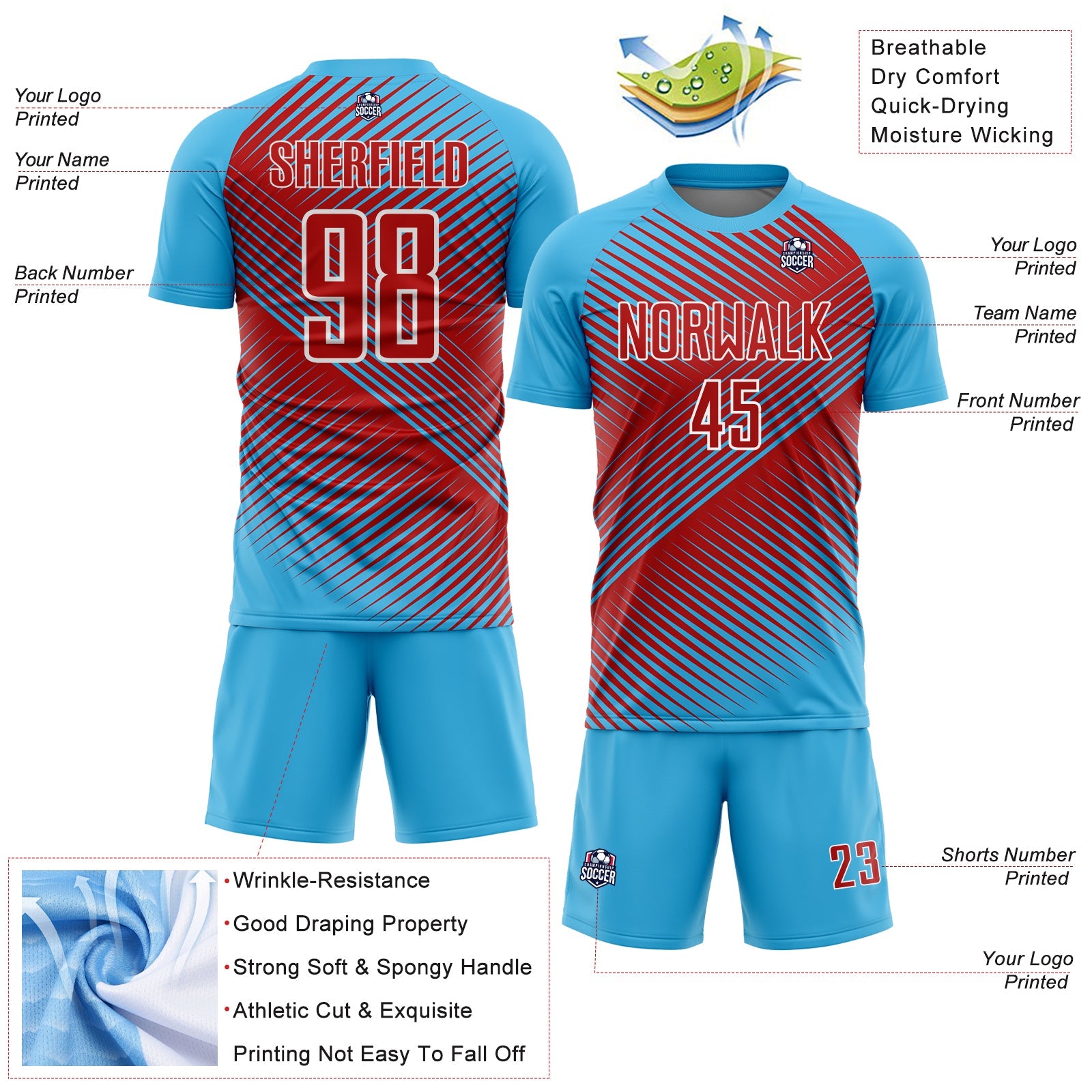 Custom Sky Blue Red-White Line Sublimation Soccer Uniform Jersey - Sky-Custom