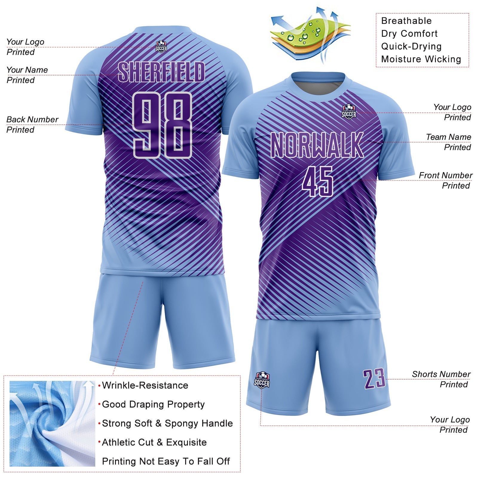 Custom Light Blue Purple-White Line Sublimation Soccer Uniform Jersey - Sky-Custom