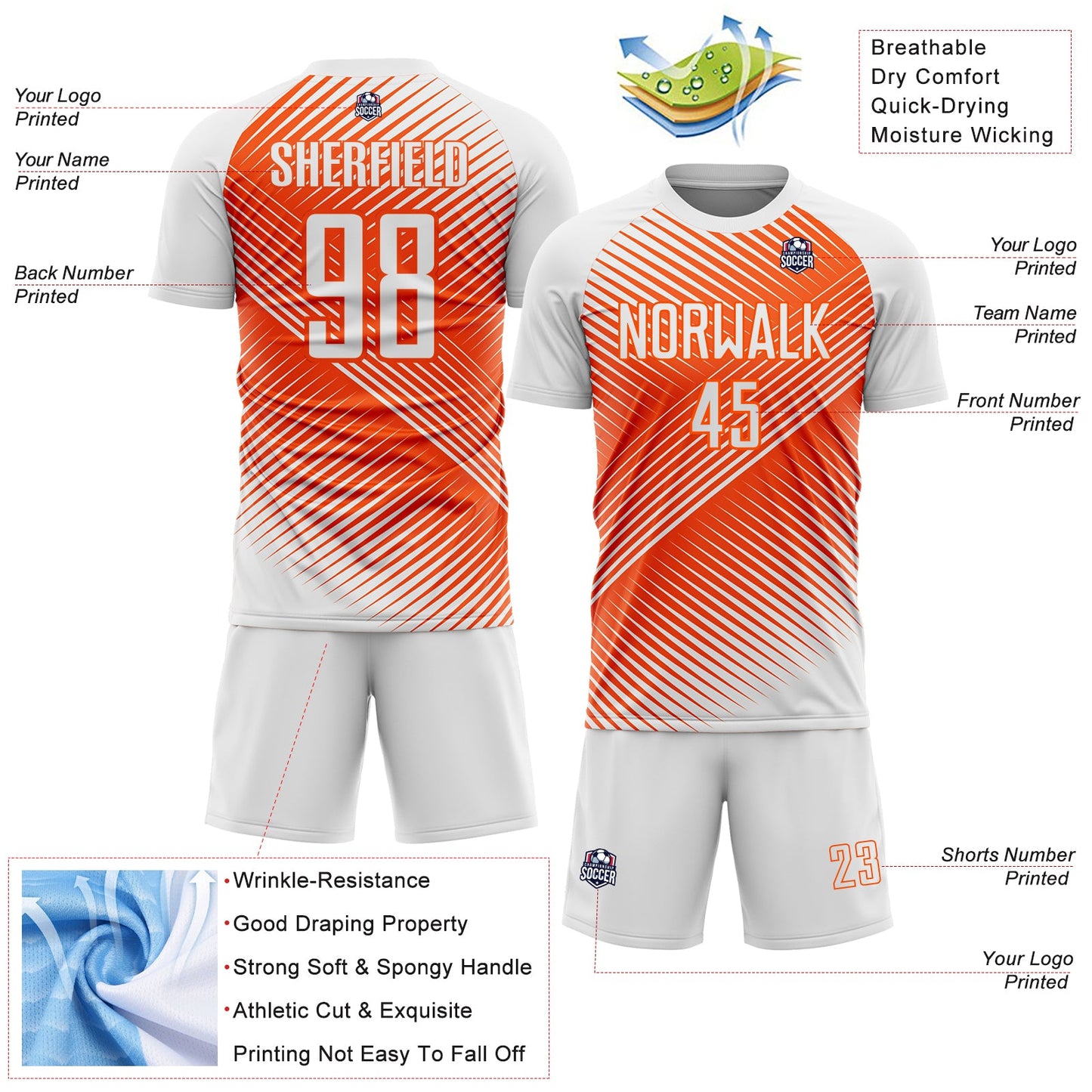 Custom White Orange Line Sublimation Soccer Uniform Jersey - Sky-Custom