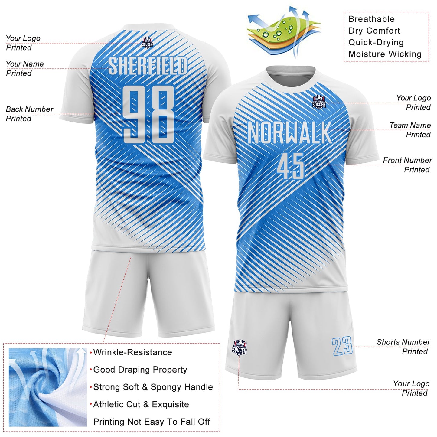 Custom White Powder Blue Line Sublimation Soccer Uniform Jersey - Sky-Custom