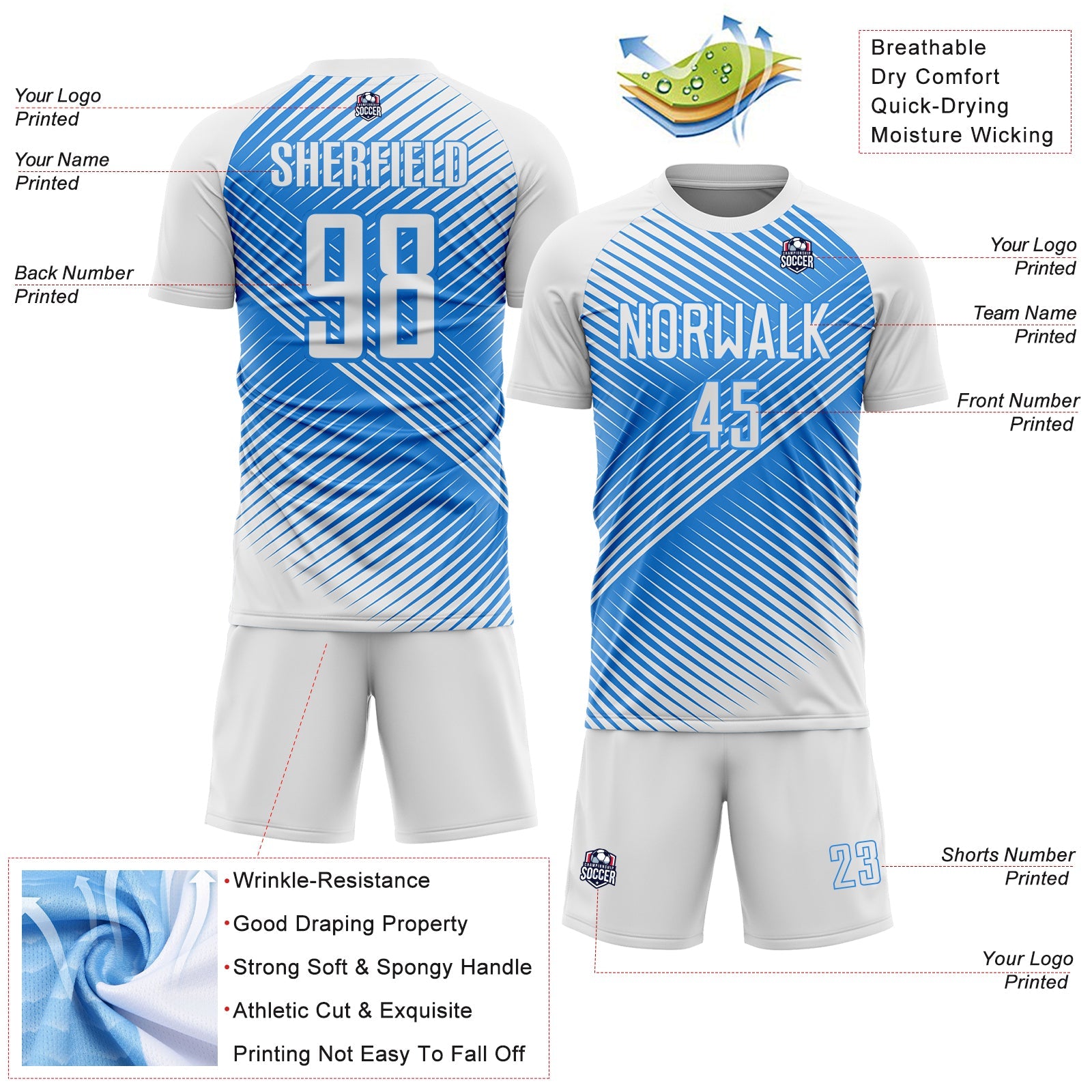 Custom White Powder Blue Line Sublimation Soccer Uniform Jersey - Sky-Custom