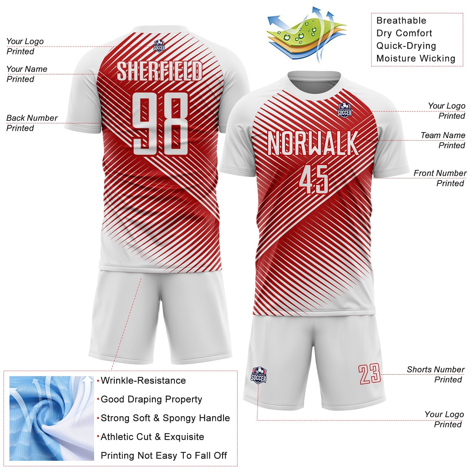 Custom White Red Line Sublimation Soccer Uniform Jersey - Sky-Custom