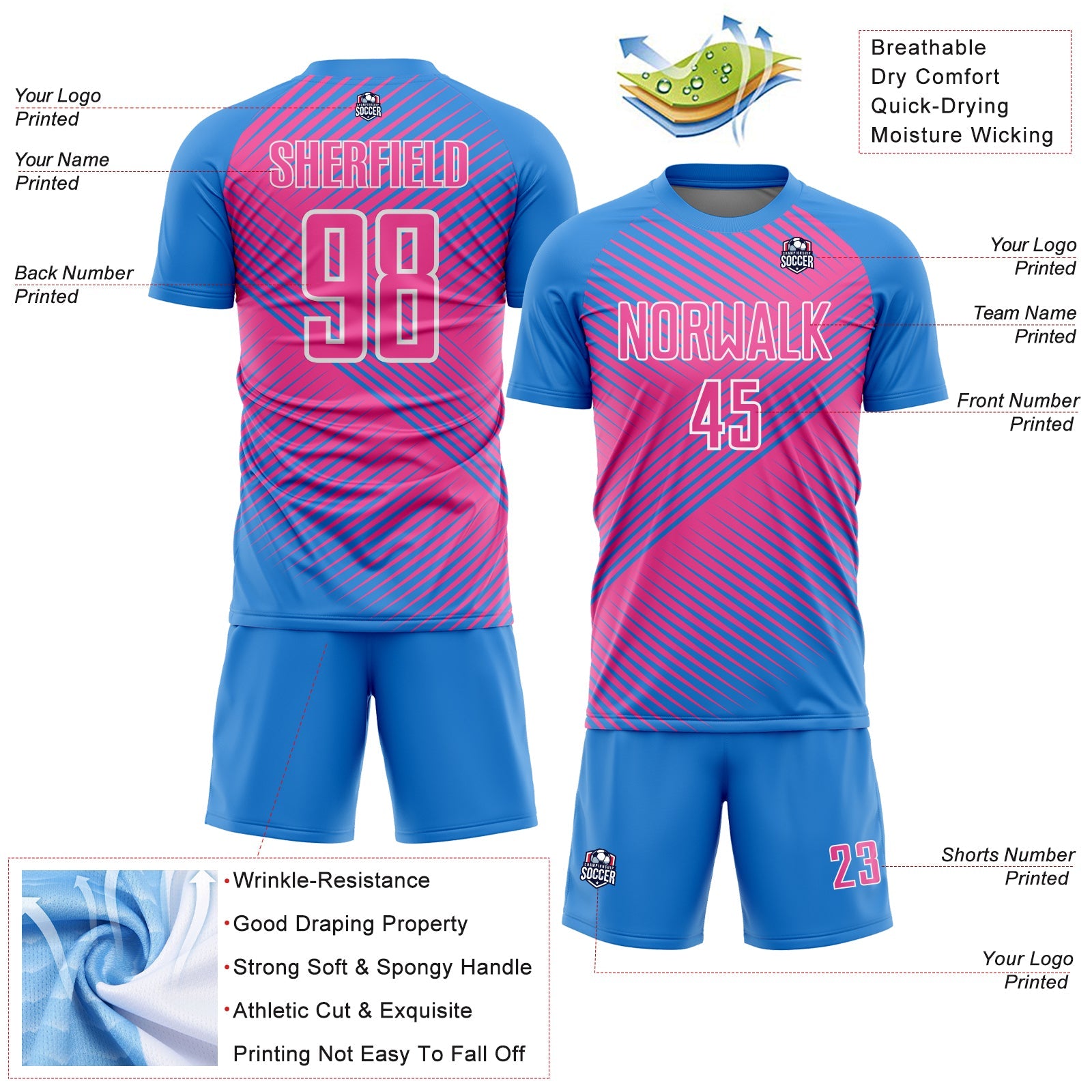 Custom Powder Blue Pink-White Line Sublimation Soccer Uniform Jersey - Sky-Custom