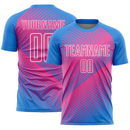 Custom Powder Blue Pink-White Line Sublimation Soccer Uniform Jersey - Sky-Custom
