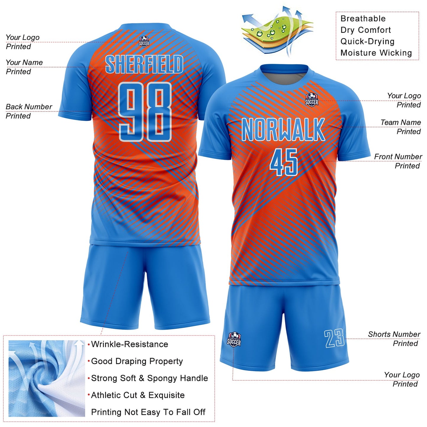 Custom Powder Blue Orange-White Line Sublimation Soccer Uniform Jersey - Sky-Custom