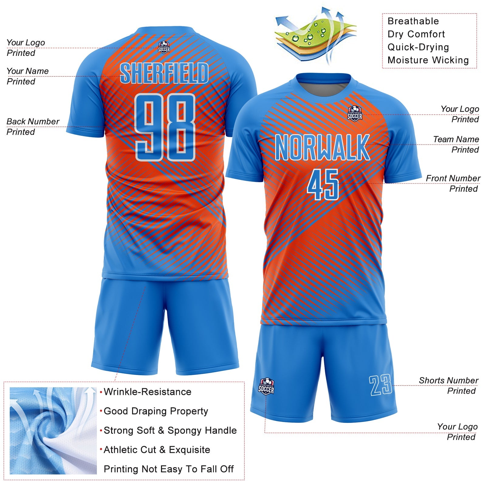 Custom Powder Blue Orange-White Line Sublimation Soccer Uniform Jersey - Sky-Custom