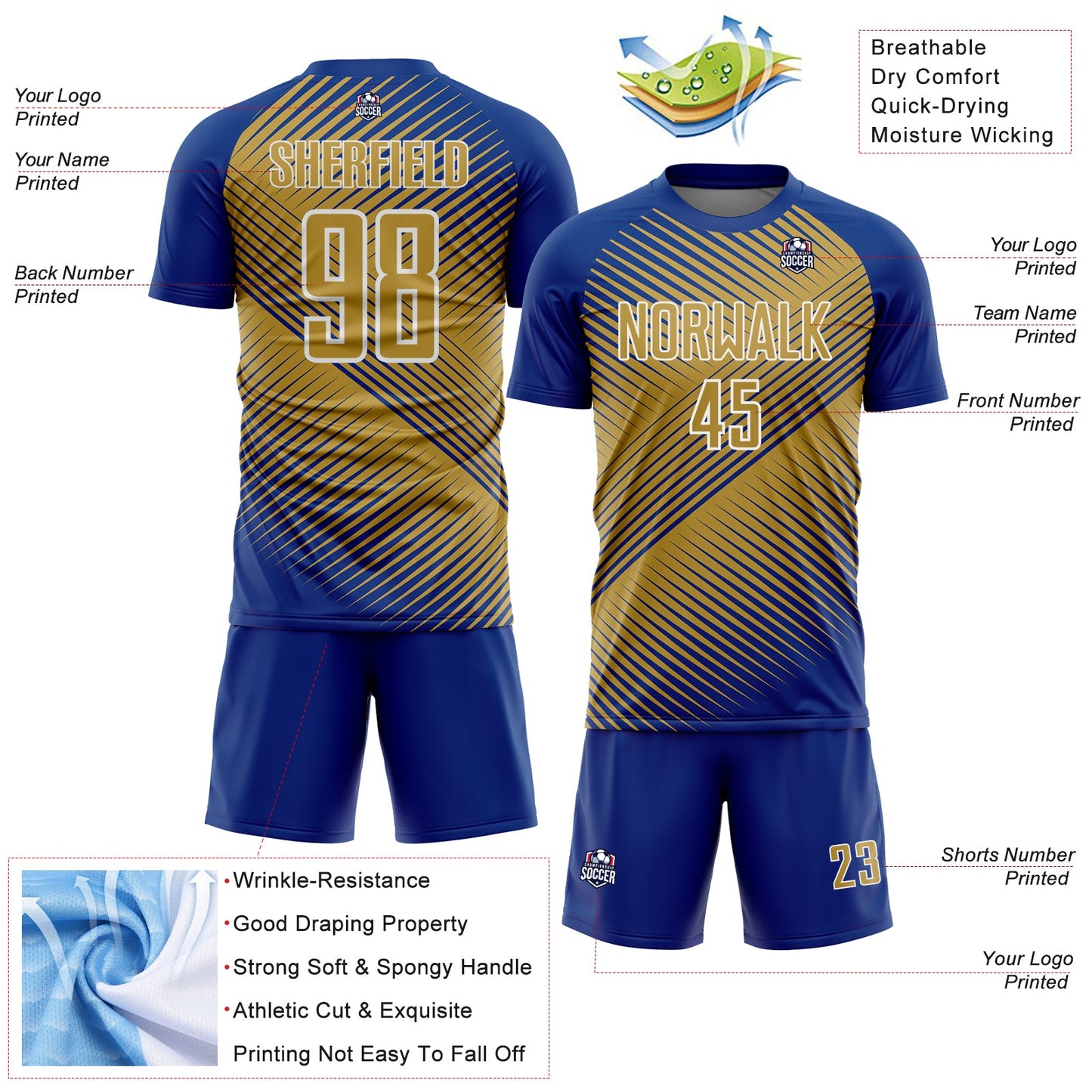 Custom Royal Old Gold-White Line Sublimation Soccer Uniform Jersey - Sky-Custom
