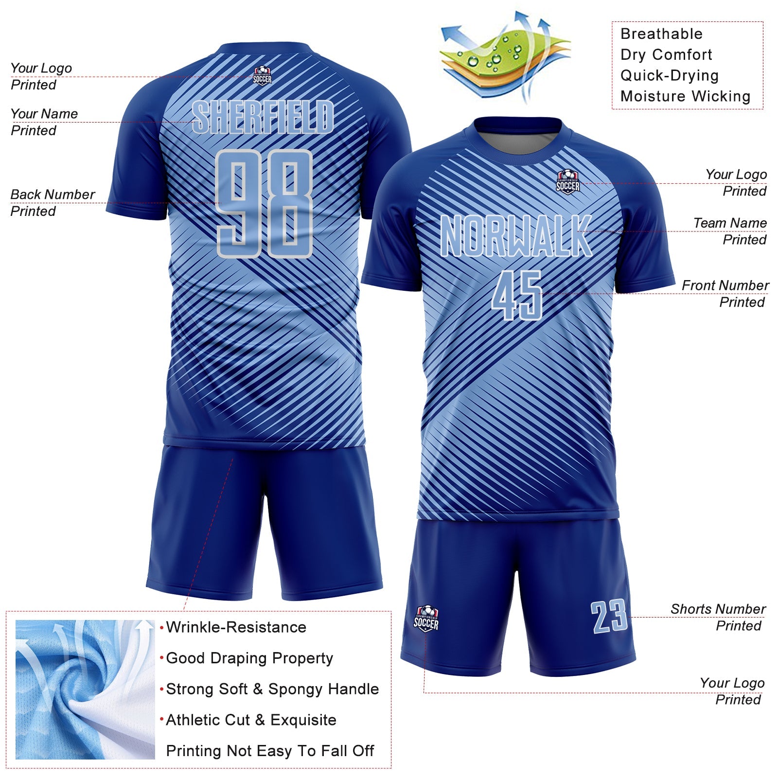 Custom Royal Light Blue-White Line Sublimation Soccer Uniform Jersey - Sky-Custom