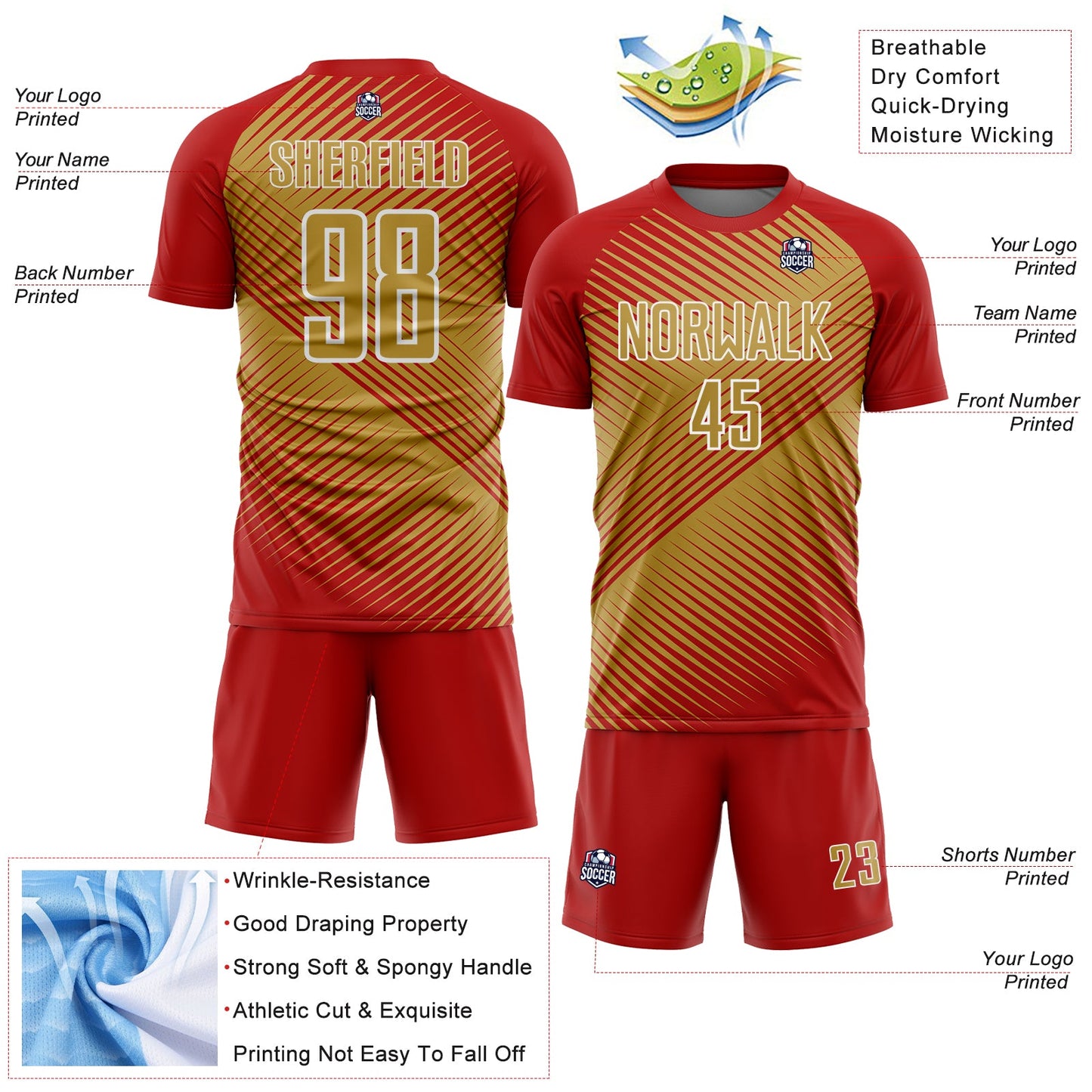 Custom Red Old Gold-White Line Sublimation Soccer Uniform Jersey - Sky-Custom