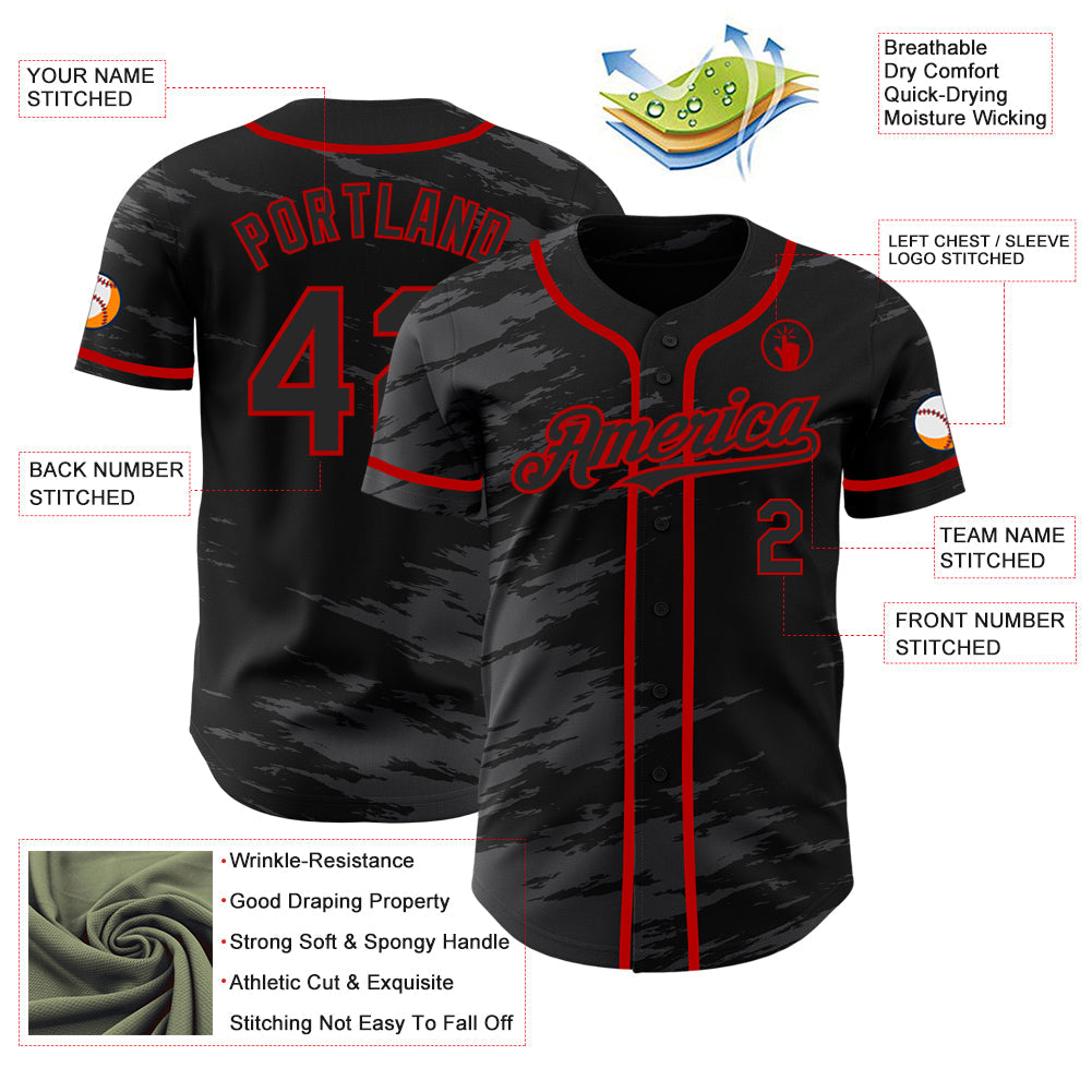 Custom Black Steel Gray Splash Ink Red Authentic Baseball Jersey - Sky-Custom